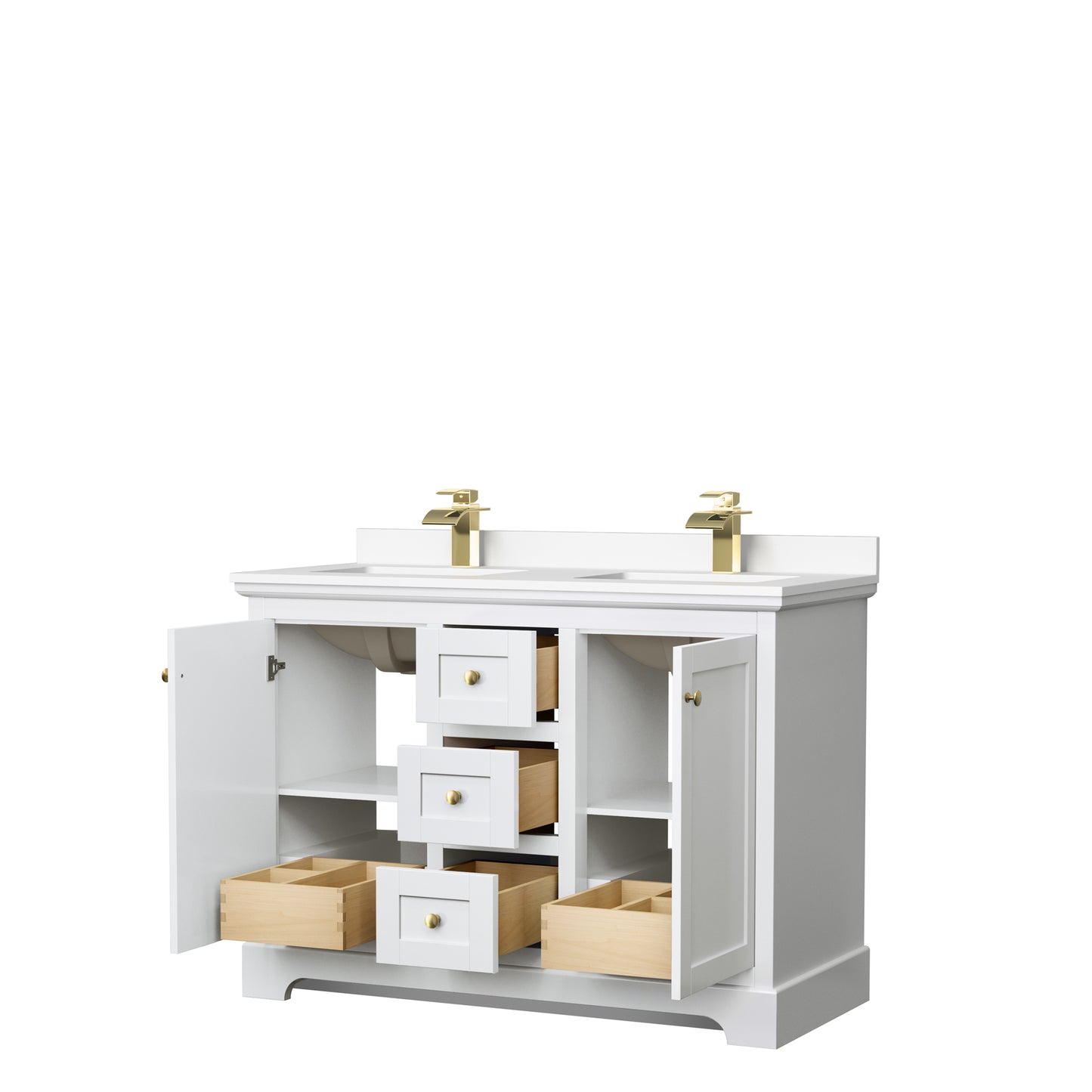 Avery 48" Double Vanity in White, White Cultured Marble Top, Gold Trim