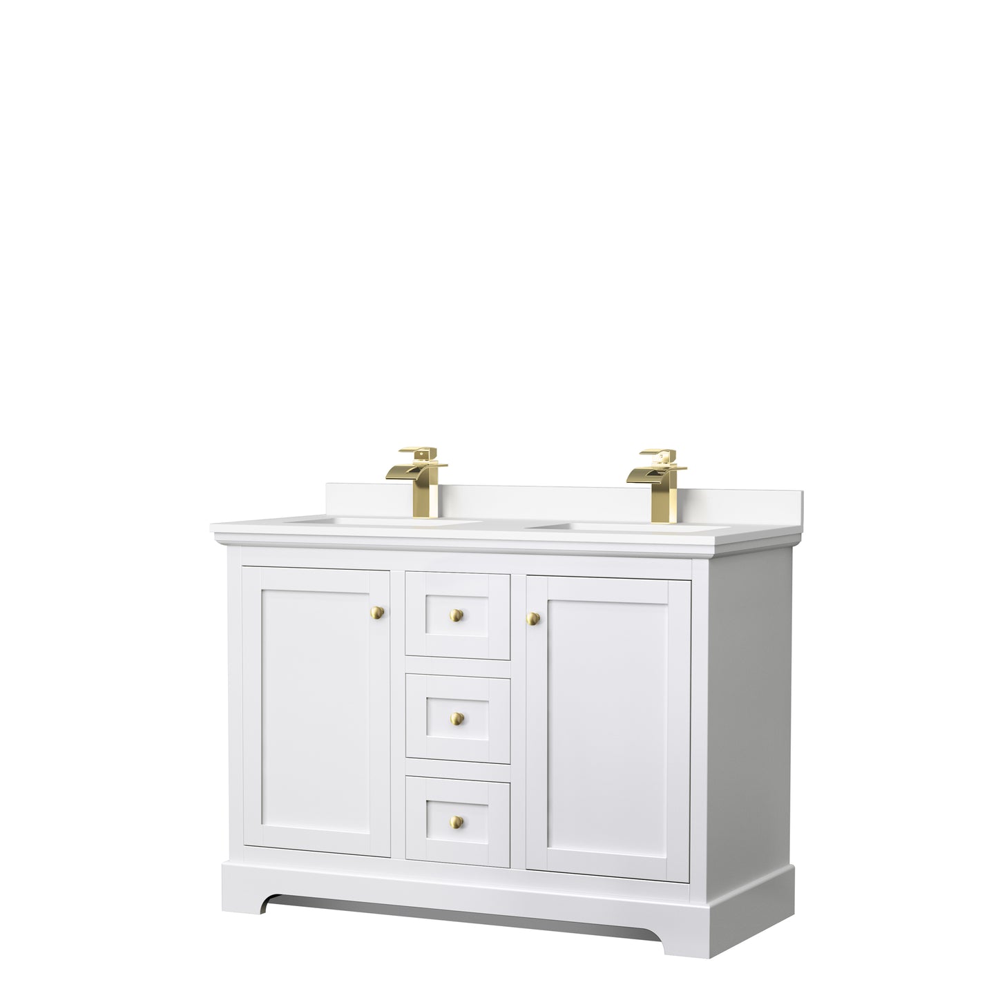 Avery 48" Double Vanity in White, White Cultured Marble Top, Gold Trim