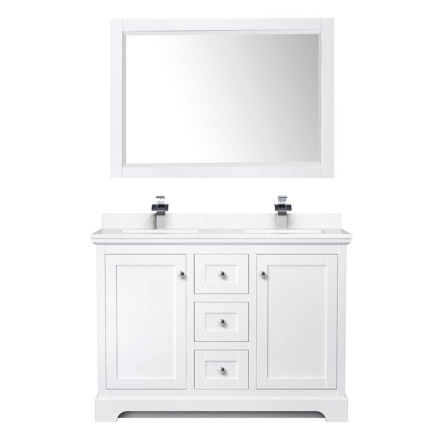 Avery 48" Double Vanity in White, Carrara Cultured Marble Top, Sinks, 46" Mirror
