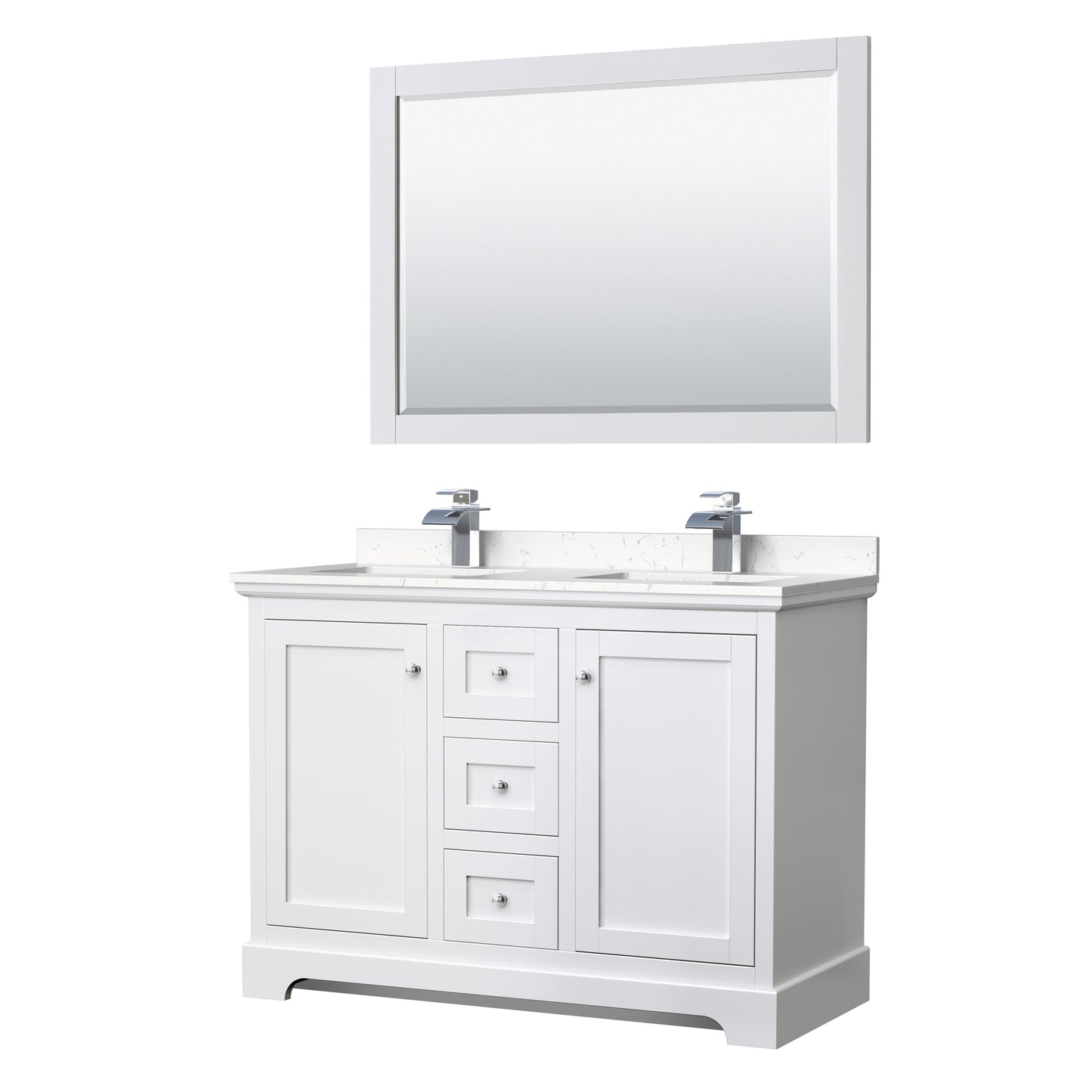 Avery 48" Double Vanity in White, Carrara Cultured Marble Top, Sinks, 46" Mirror