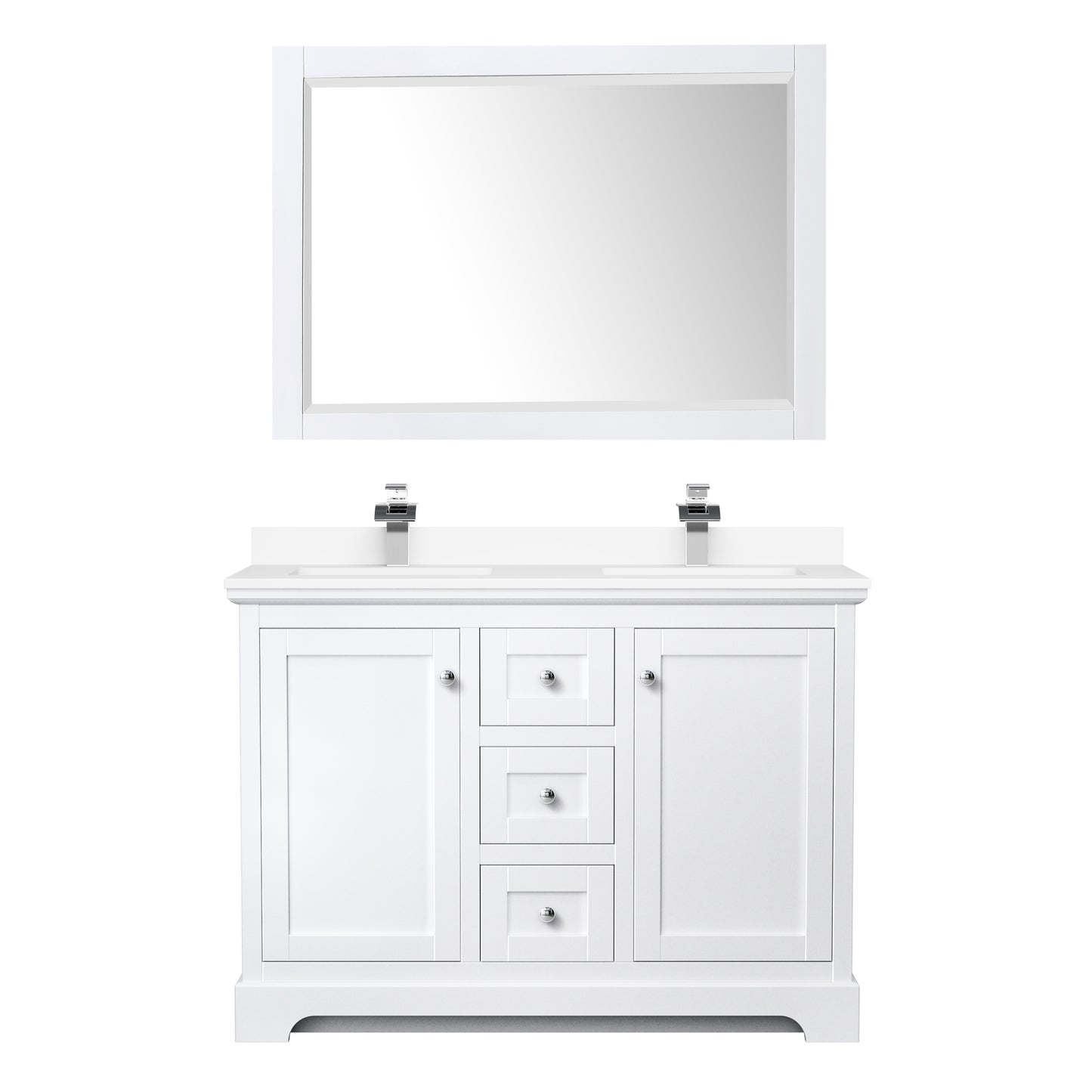 Avery 48" Double Vanity in White, White Cultured Marble Top, Sinks, 46" Mirror