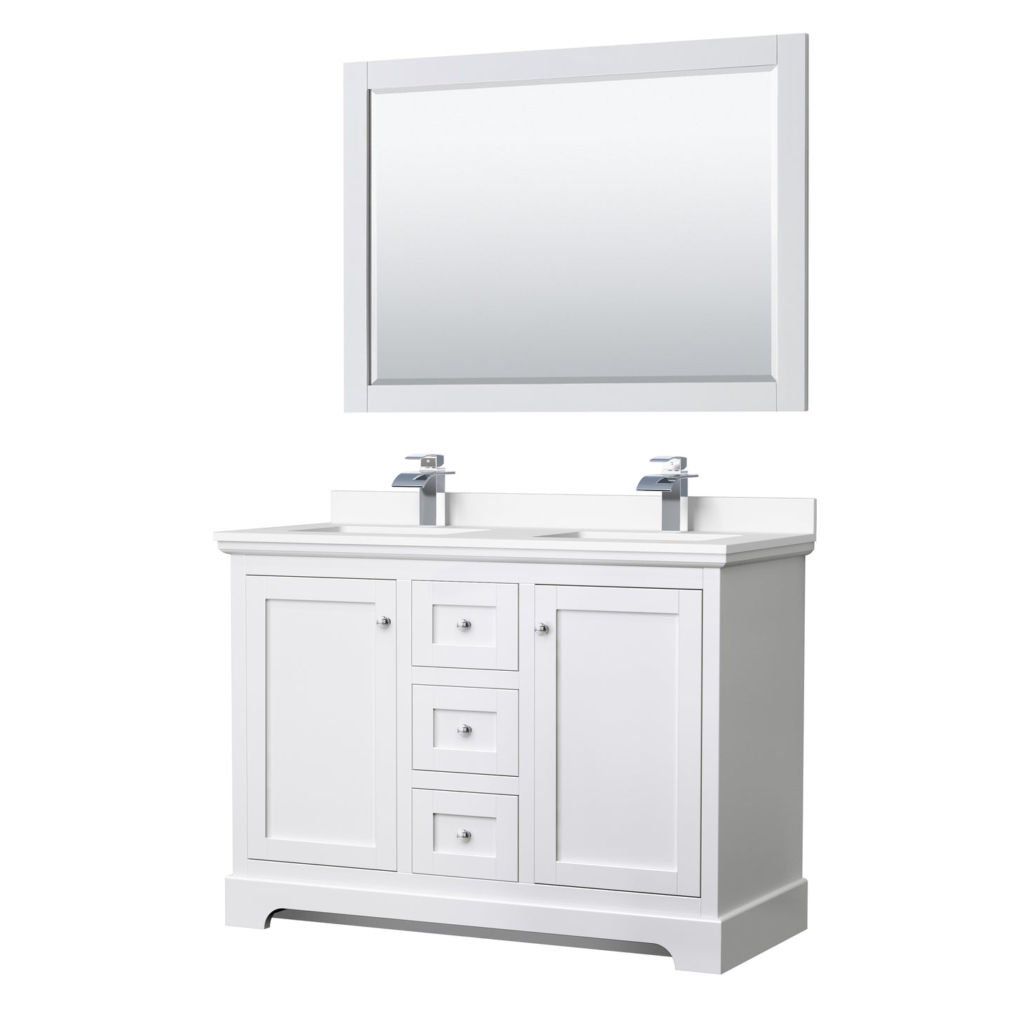 Avery 48" Double Vanity in White, White Cultured Marble Top, Sinks, 46" Mirror