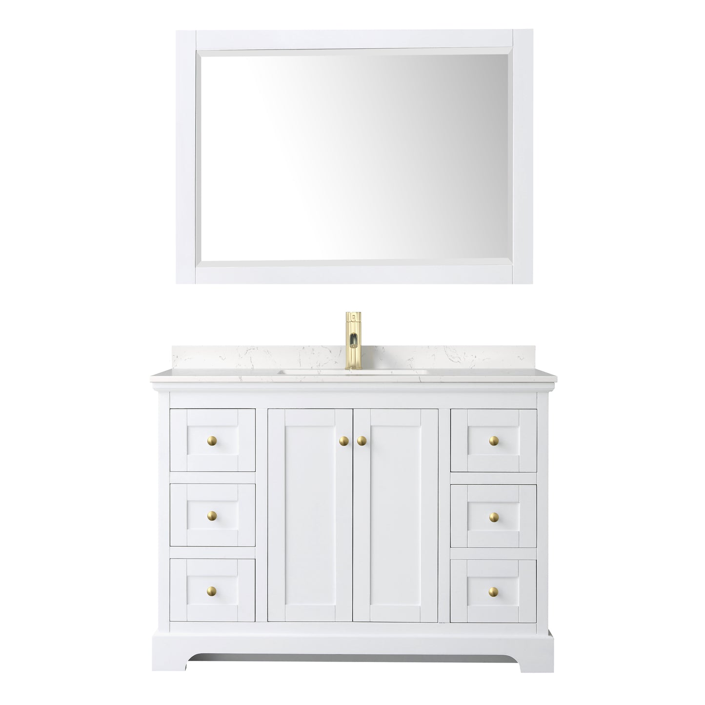 Avery 48" White Single Vanity, Carrara Marble Top, 46" Mirror, Brushed Gold Trim