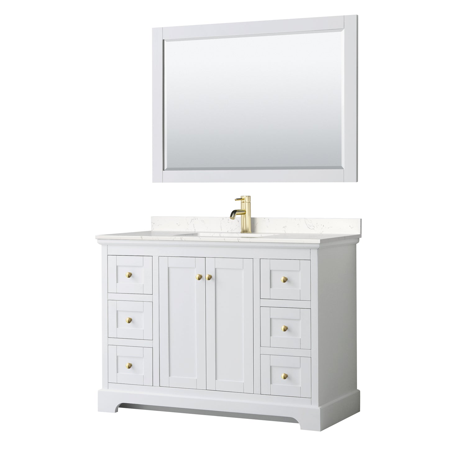 Avery 48" White Single Vanity, Carrara Marble Top, 46" Mirror, Brushed Gold Trim