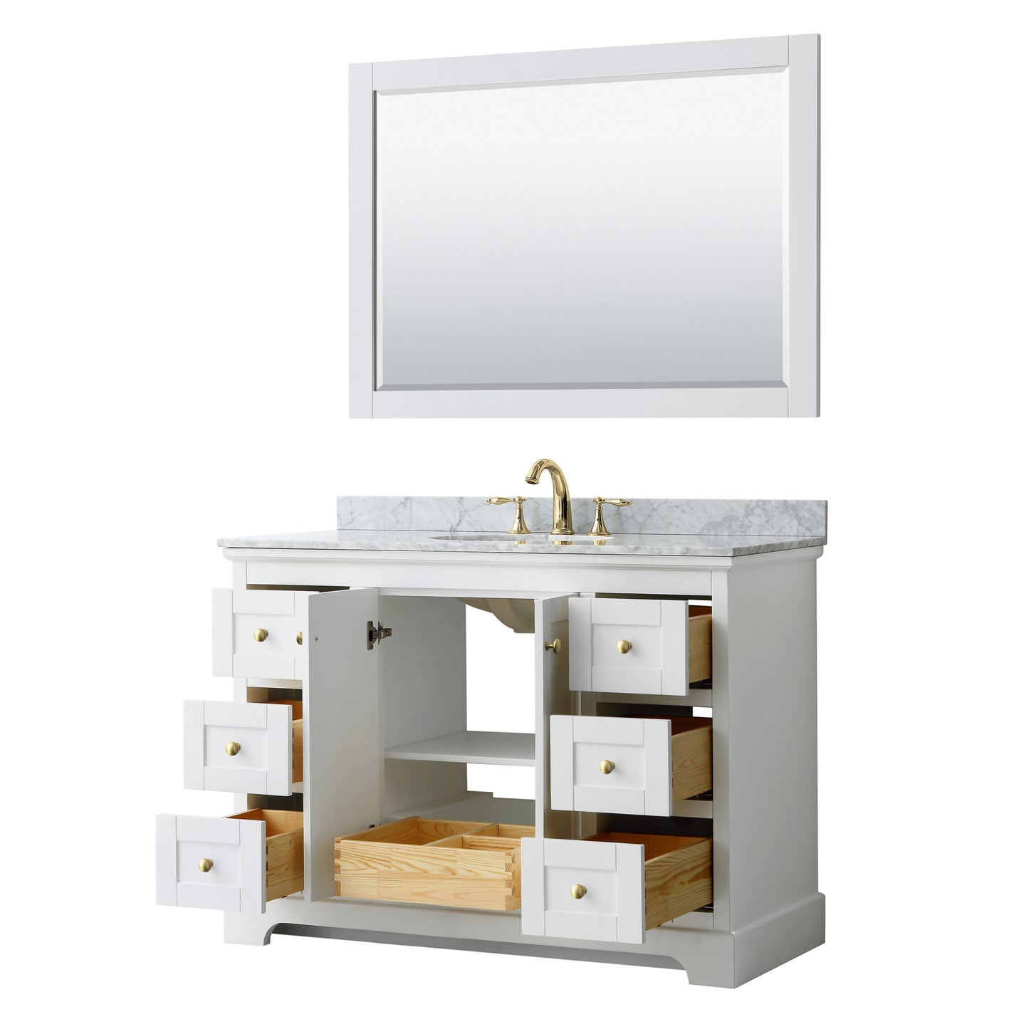Avery 48" Single Vanity in White, Top, Oval Sink, 46" Mirror, Brushed Gold Trim