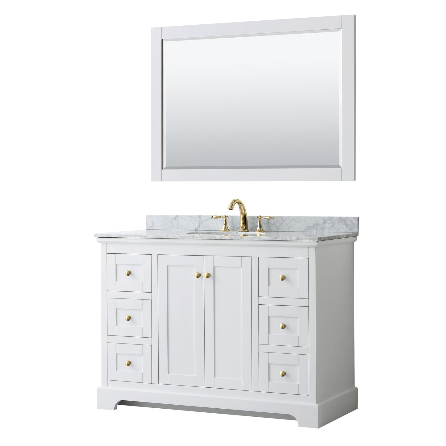 Avery 48" Single Vanity in White, Top, Oval Sink, 46" Mirror, Brushed Gold Trim