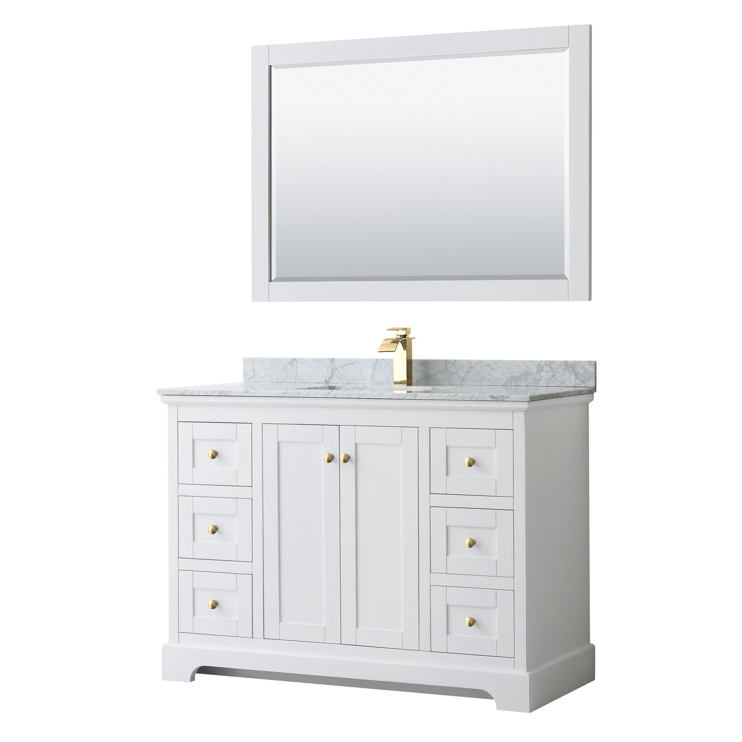 Avery 48" Single Vanity in White, Top, Square 46" Mirror, Brushed Gold Trim