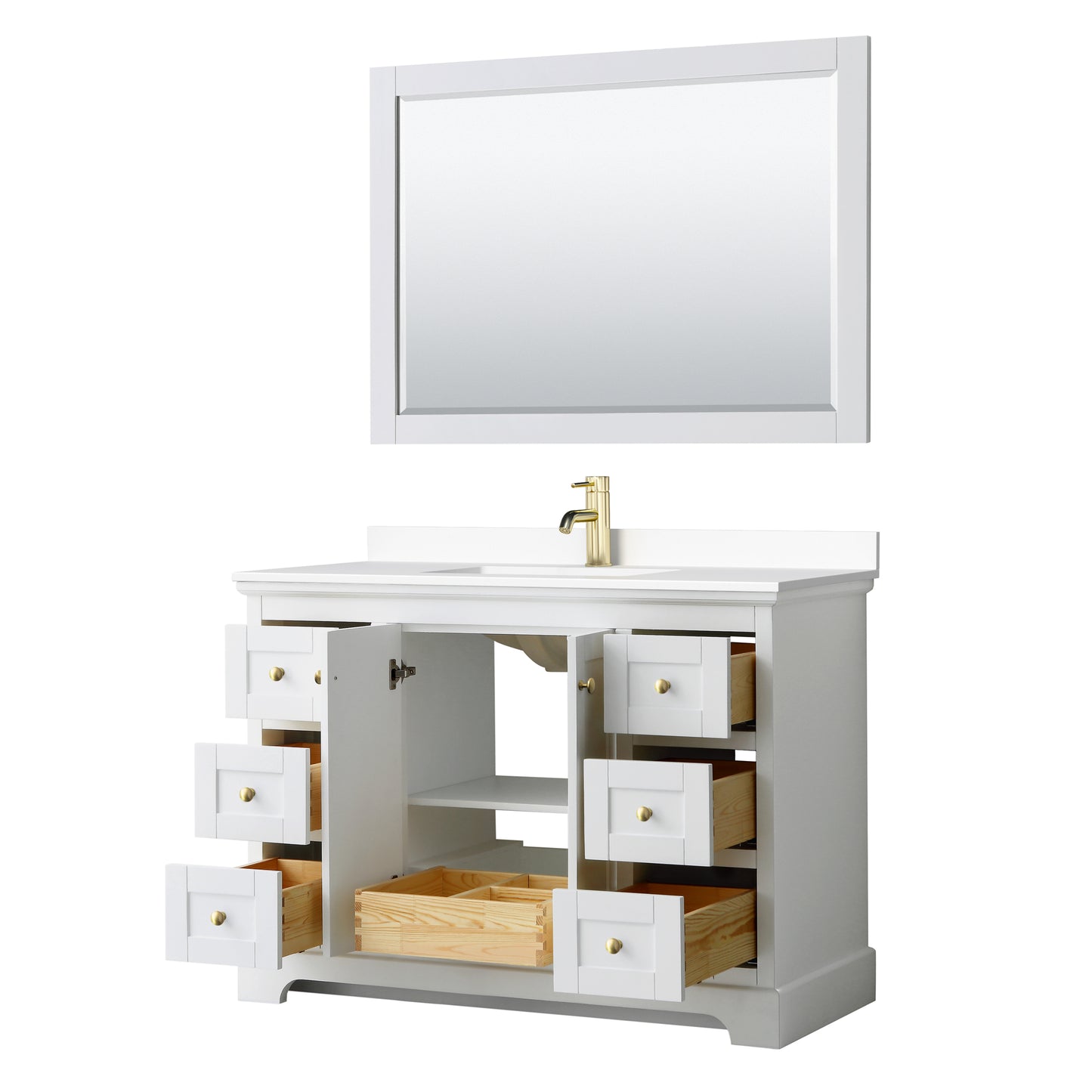 Avery 48" White Single Vanity, White Marble Top, 46" Mirror, Brushed Gold Trim