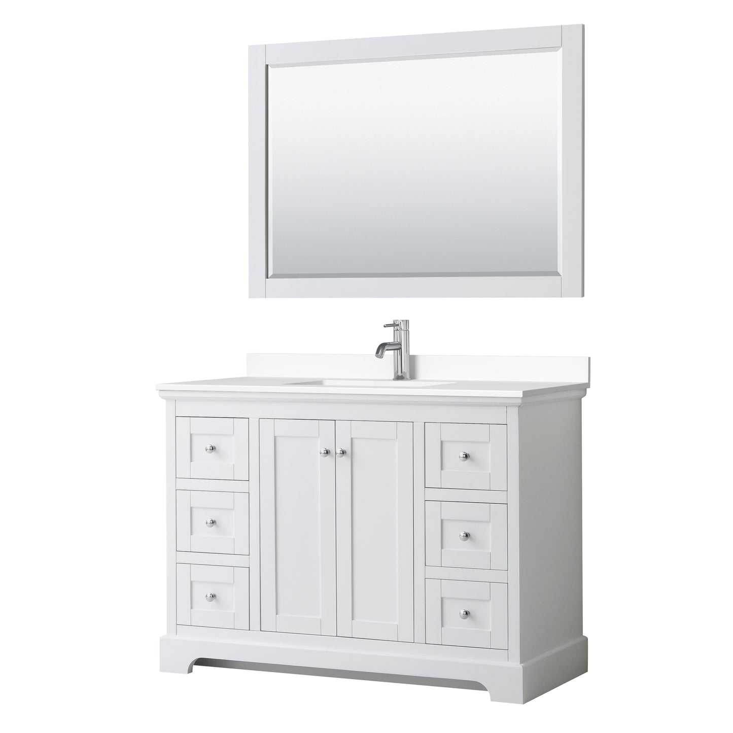 Avery 48" Single Vanity in White, White Cultured Marble Top, Sink, 46" Mirror
