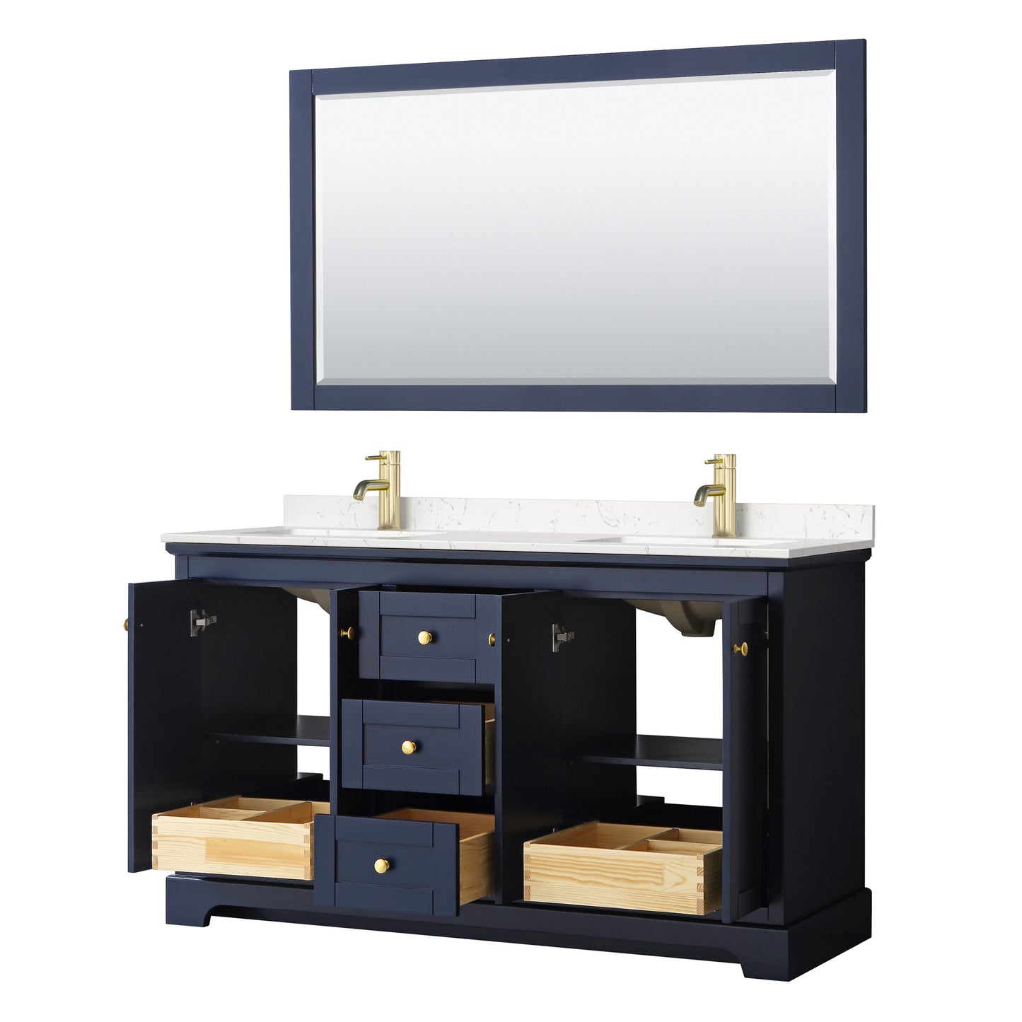 Avery 60" Double Vanity in Dark Blue, Carrara Cultured Marble Top, 58" Mirror