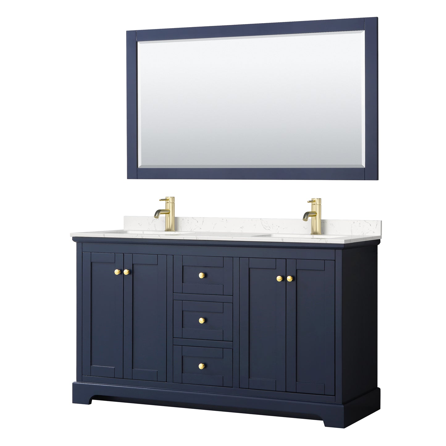 Avery 60" Double Vanity in Dark Blue, Carrara Cultured Marble Top, 58" Mirror