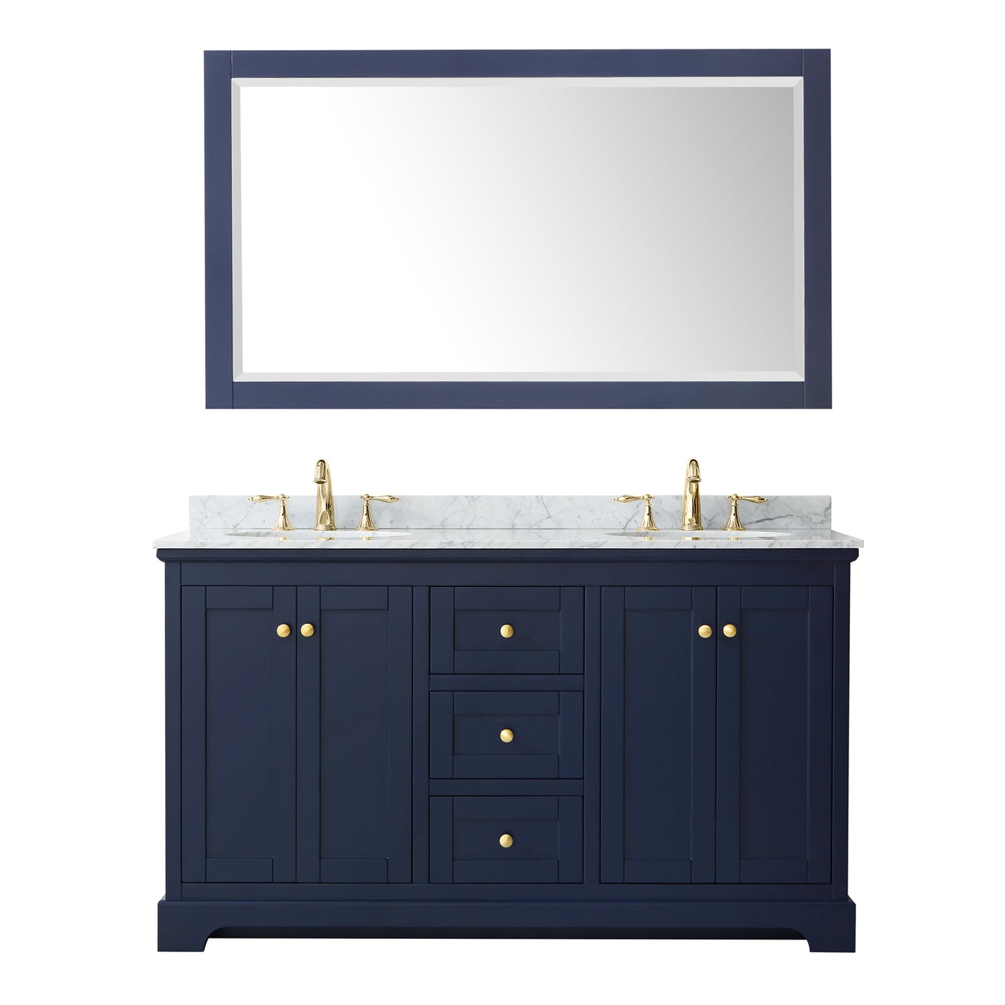 Avery 60" Double Vanity in Dark Blue, Top, Oval Sinks, 58" Mirror
