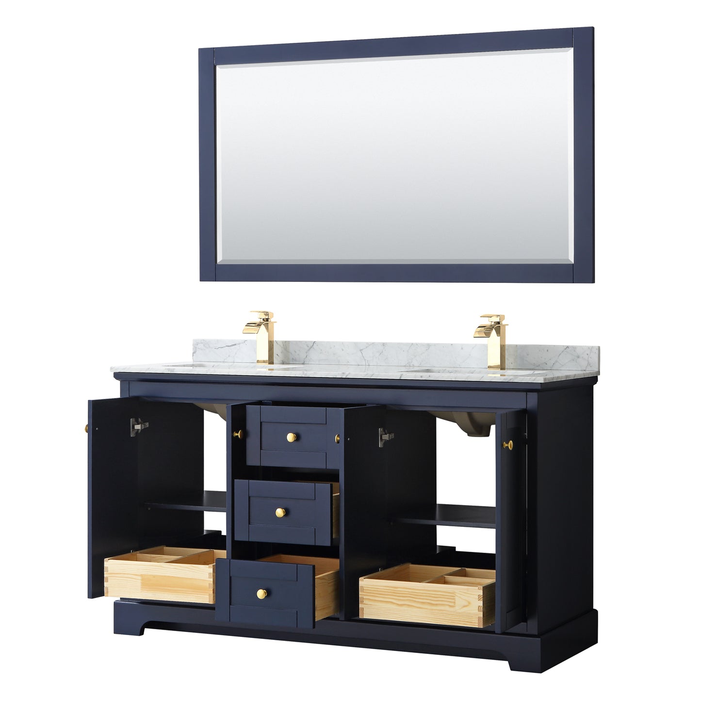 Avery 60" Double Vanity in Dark Blue, Top, Square Sinks, 58" Mirror