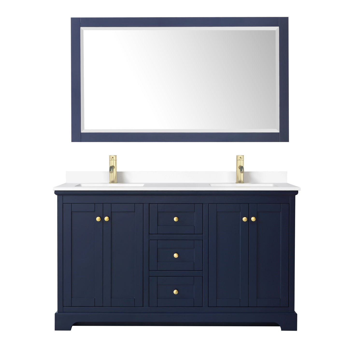 Avery 60" Double Vanity in Dark Blue, White Cultured Marble Top, 58" Mirror