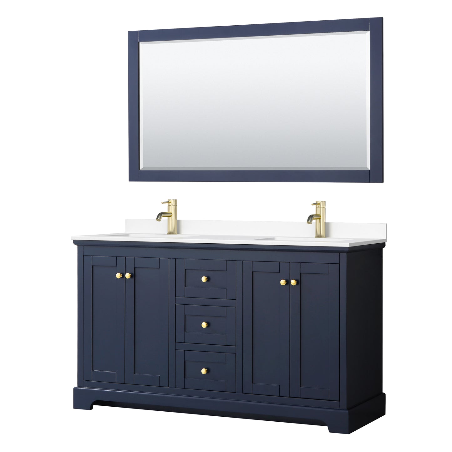Avery 60" Double Vanity in Dark Blue, White Cultured Marble Top, 58" Mirror