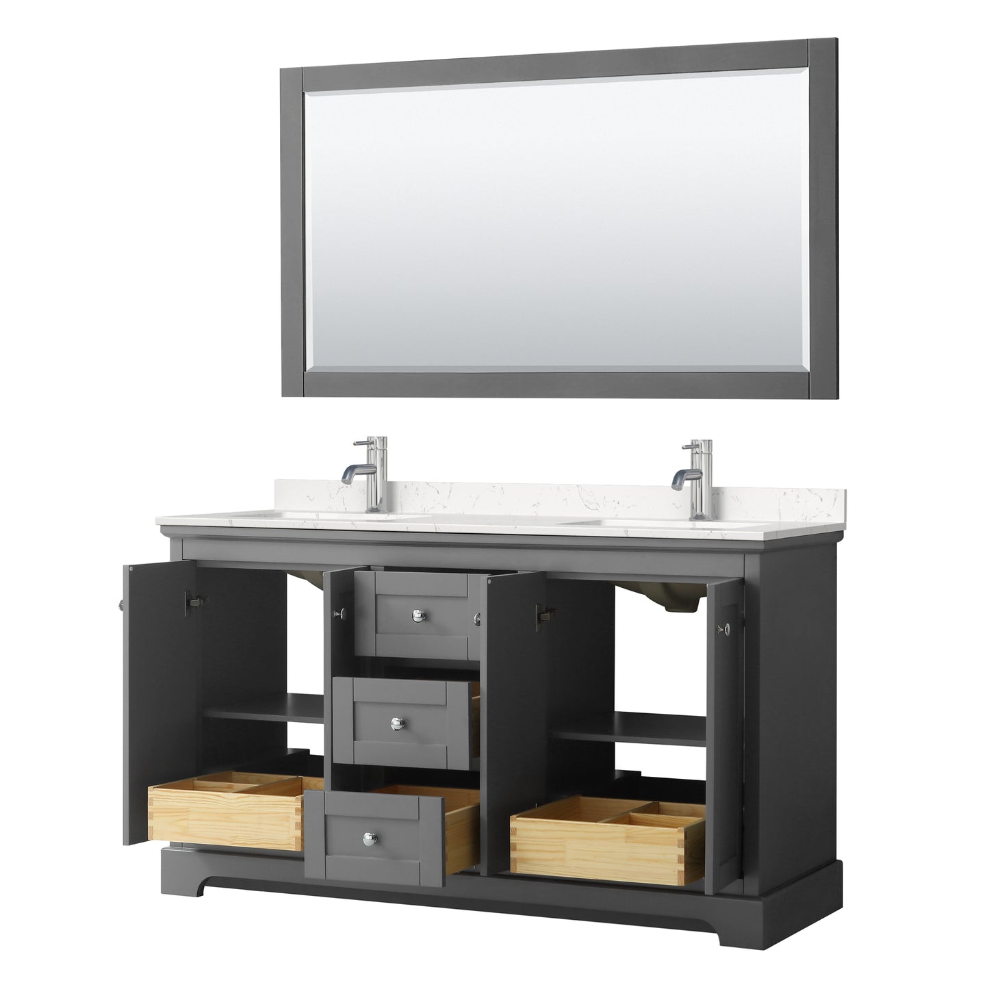 Avery 60" Double Vanity in Dark Gray, Carrara Cultured Marble Top, 58" Mirror