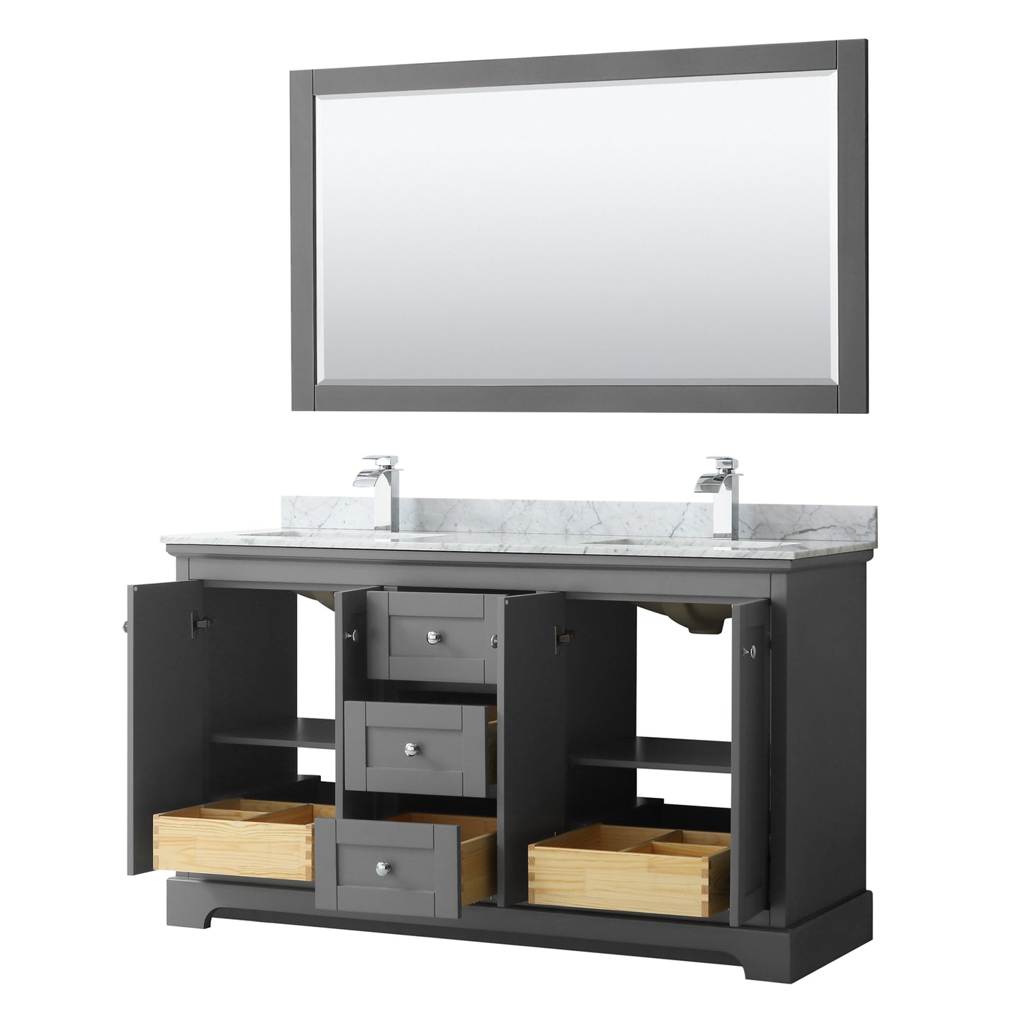 Avery 60" Double Vanity in Dark Gray, Top, Square Sinks, 58" Mirror