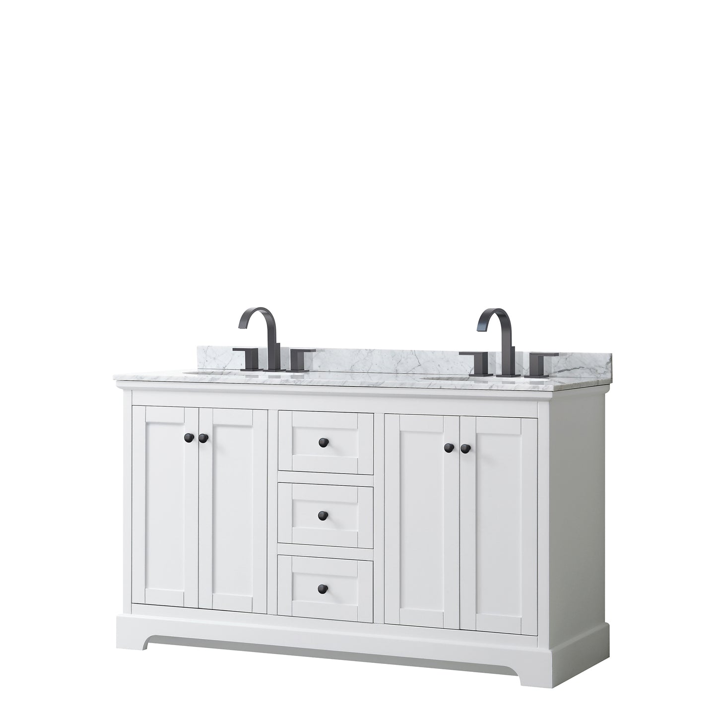 Avery 60" Double Vanity in White, Top, Oval Sinks, Matte Black Trim