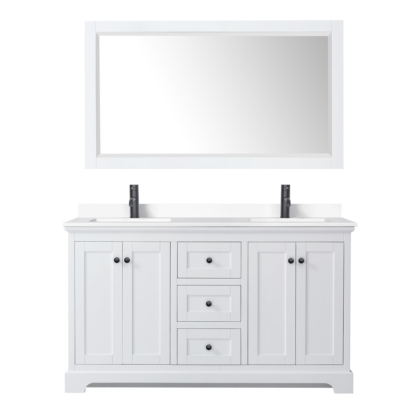 Avery 60" Double Vanity in White, White Marble Top, Black Trim, 58" Mirror