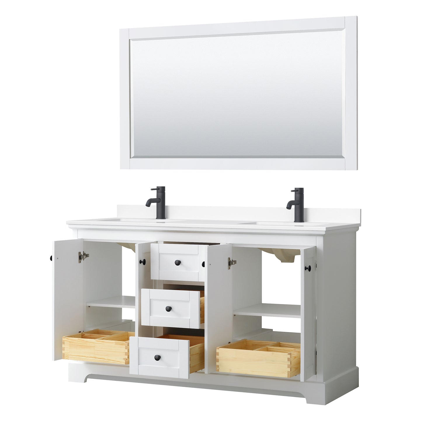 Avery 60" Double Vanity in White, White Marble Top, Black Trim, 58" Mirror