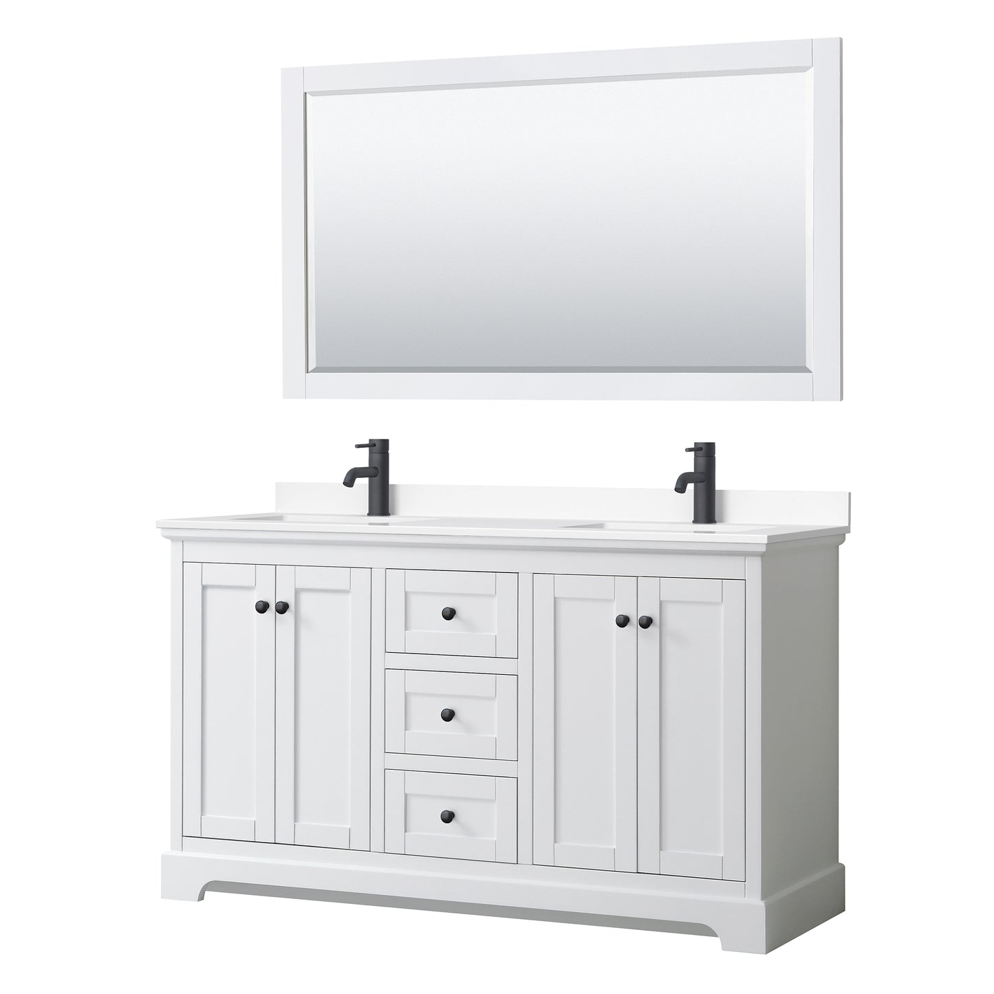 Avery 60" Double Vanity in White, White Marble Top, Black Trim, 58" Mirror