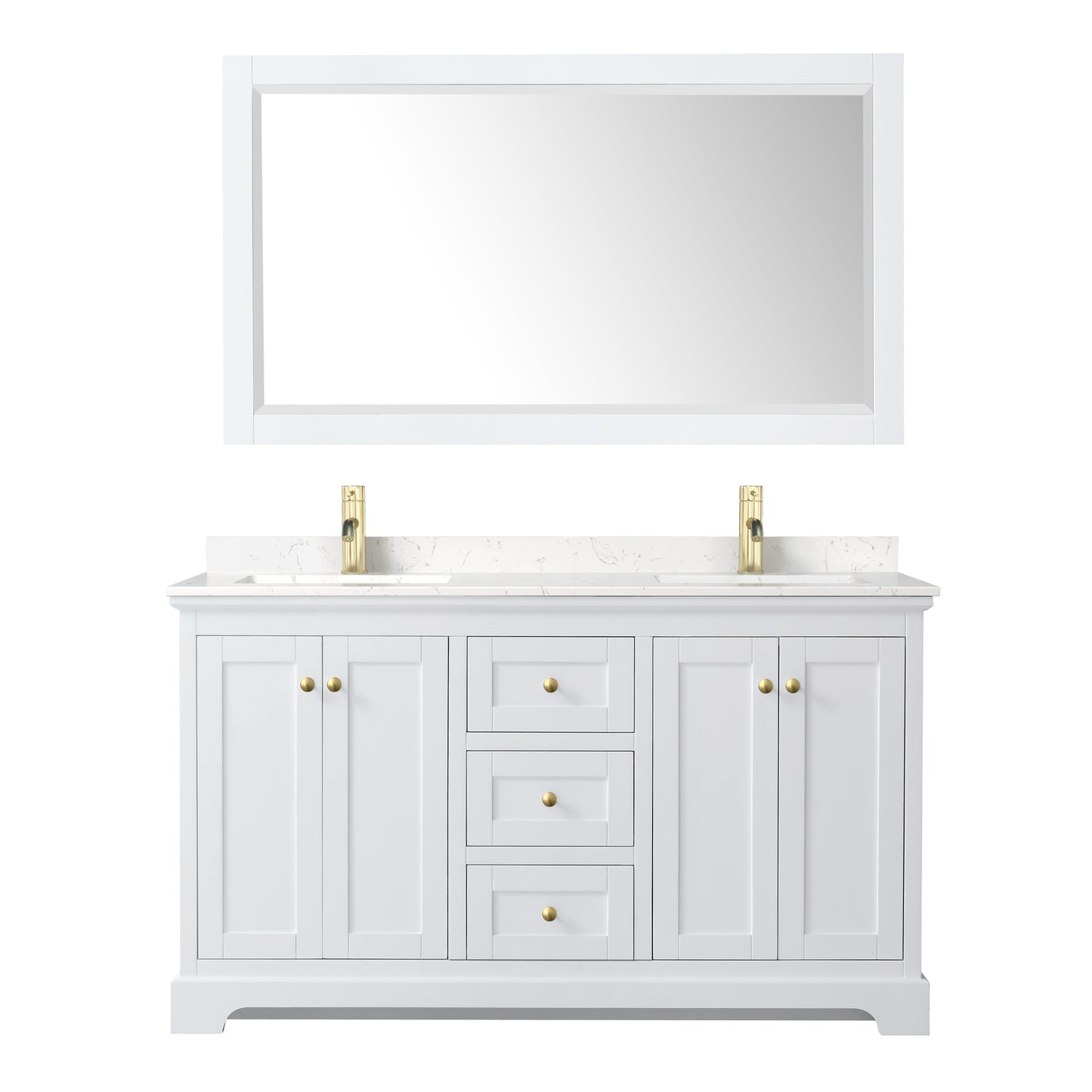 Avery 60" White Double Vanity, Carrara Marble Top, 58" Mirror, Brushed Gold Trim
