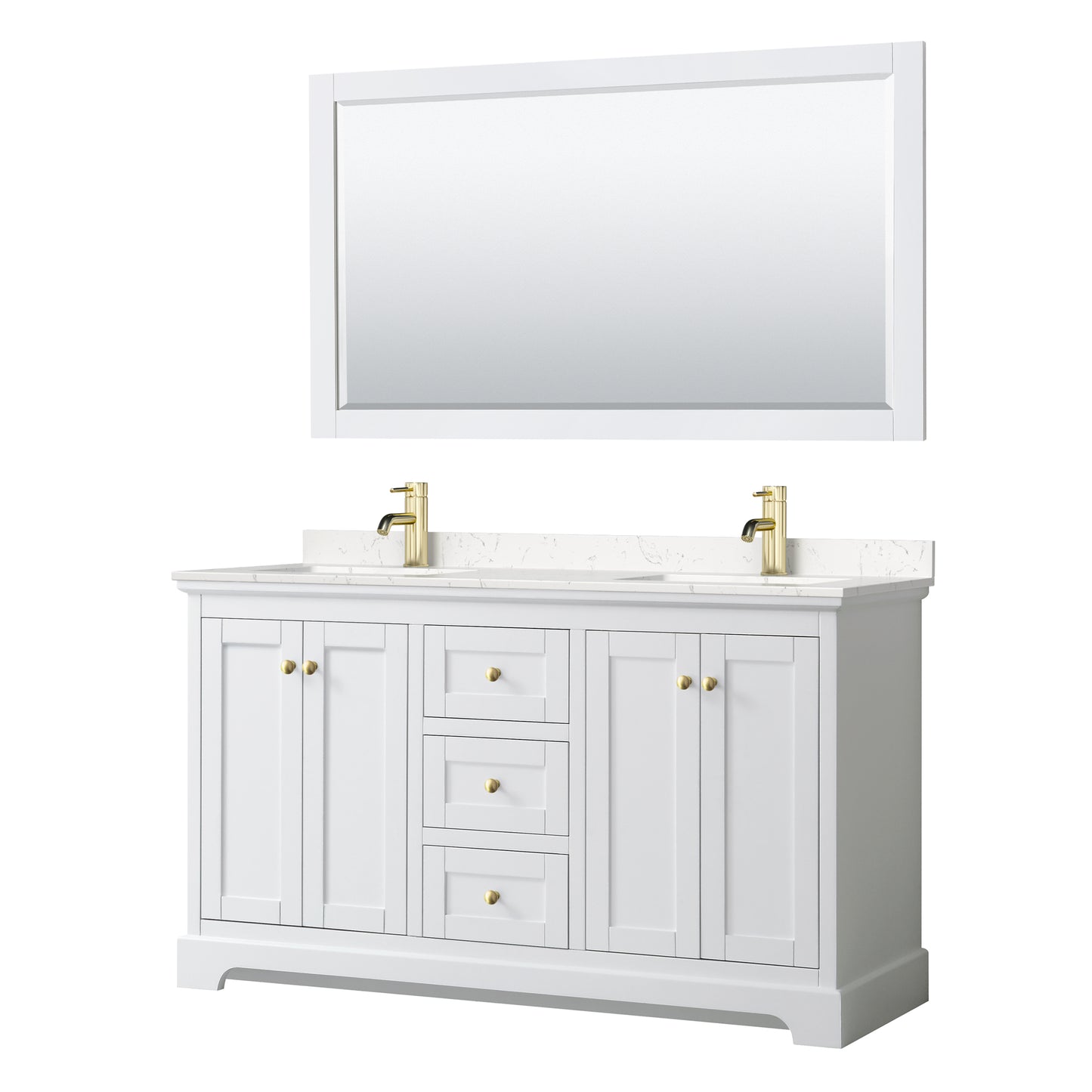 Avery 60" White Double Vanity, Carrara Marble Top, 58" Mirror, Brushed Gold Trim