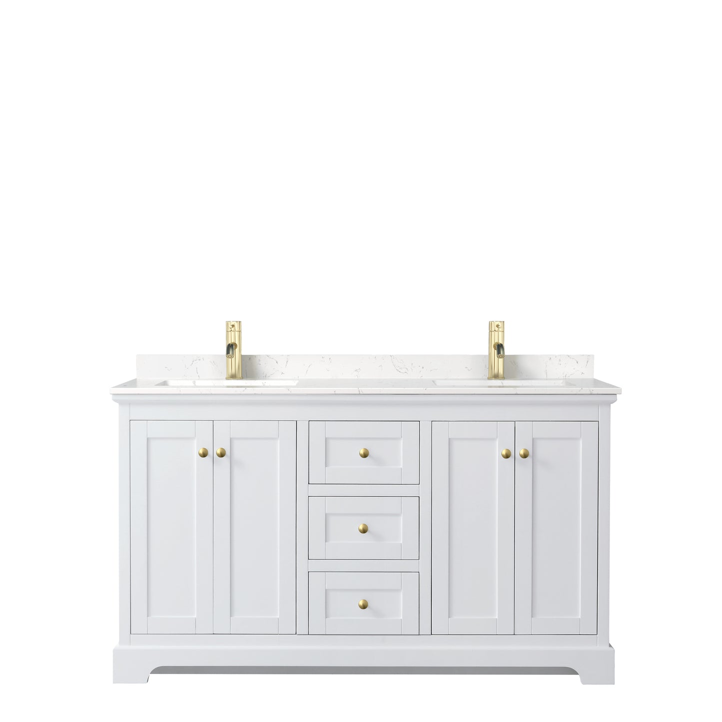 Avery 60" Double Vanity in White, Carrara Cultured Marble Top, Gold Trim