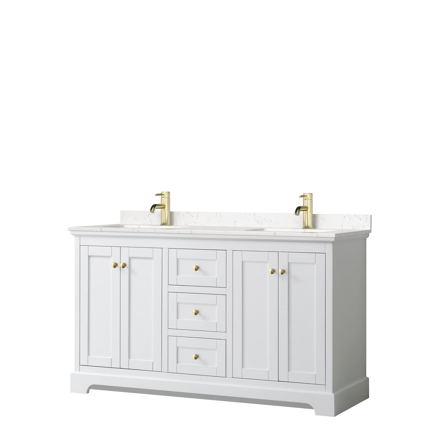 Avery 60" Double Vanity in White, Carrara Cultured Marble Top, Gold Trim