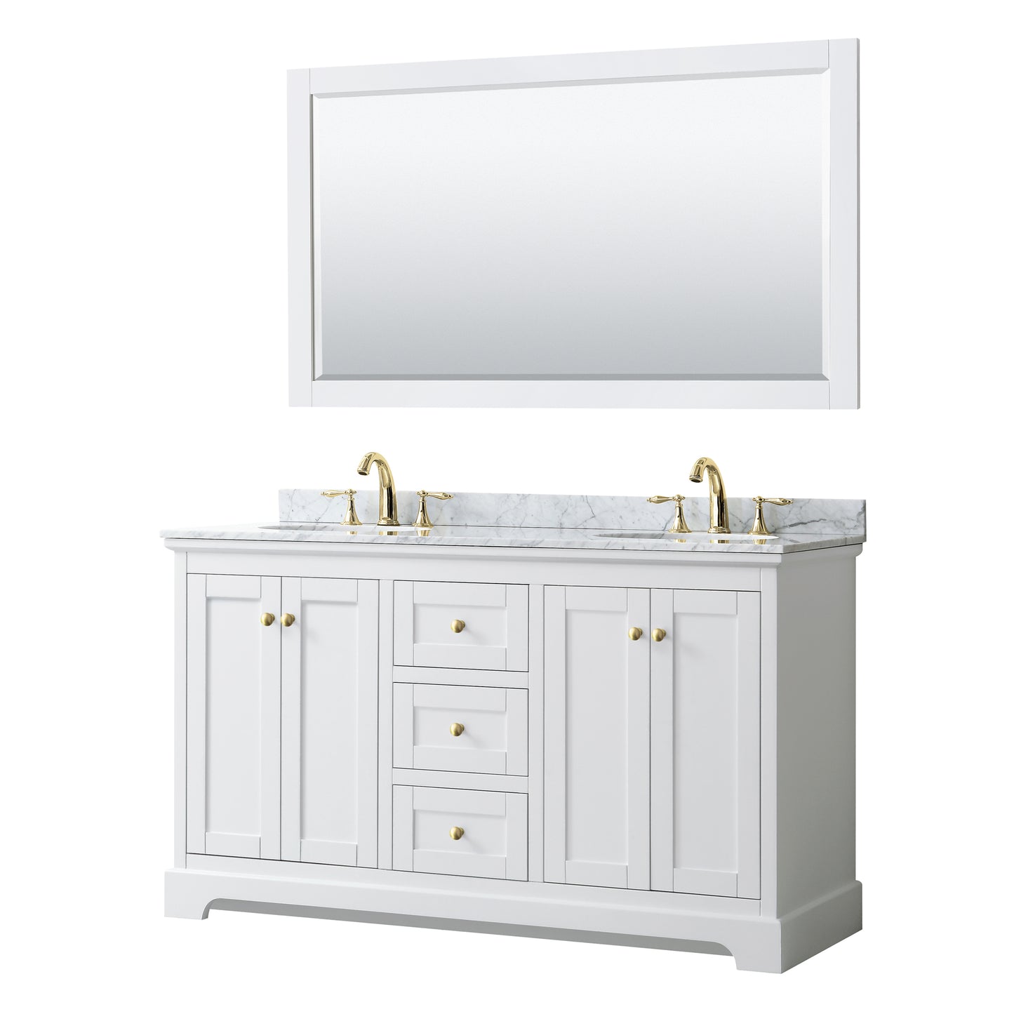 Avery 60" Double Vanity in White, Top, Oval Sinks, 58" Mirror, Brushed Gold Trim
