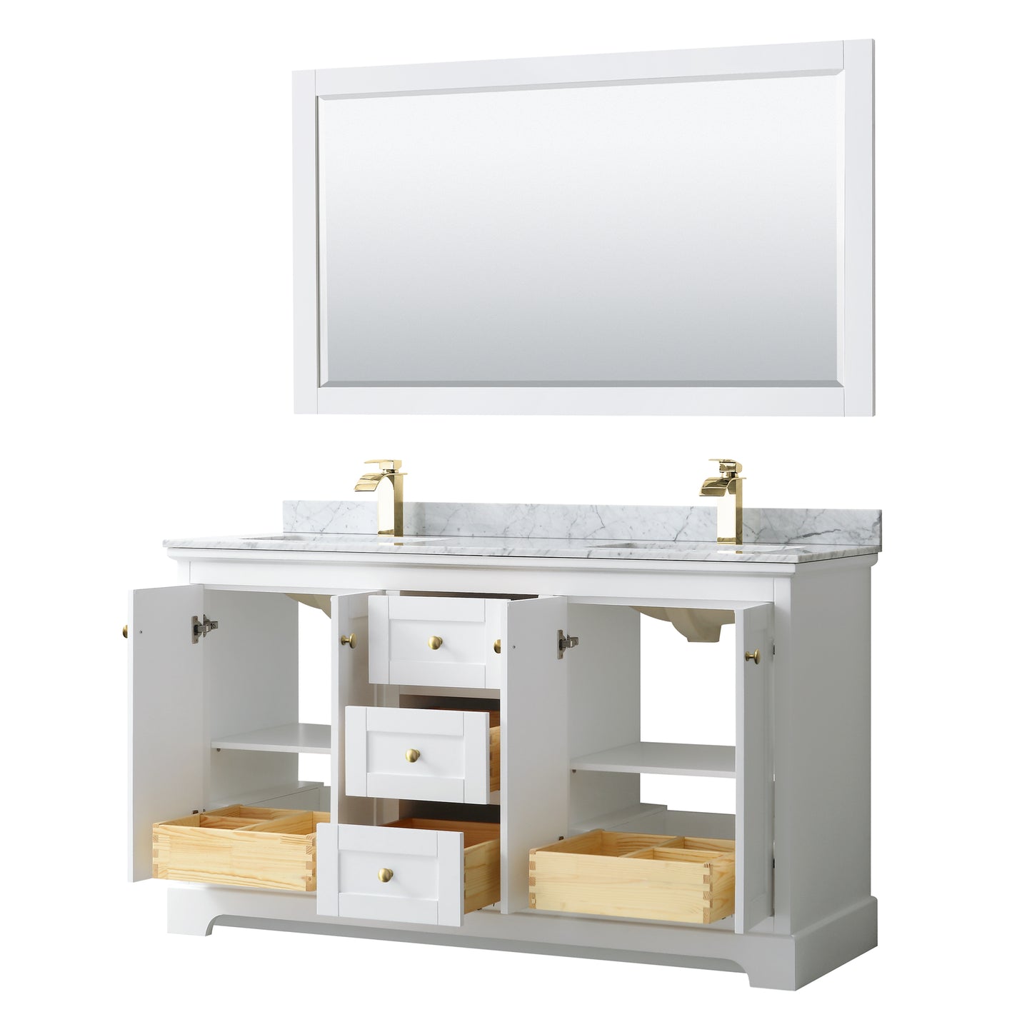 Avery 60" Double Vanity in White, Top, Square 58" Mirror, Brushed Gold Trim
