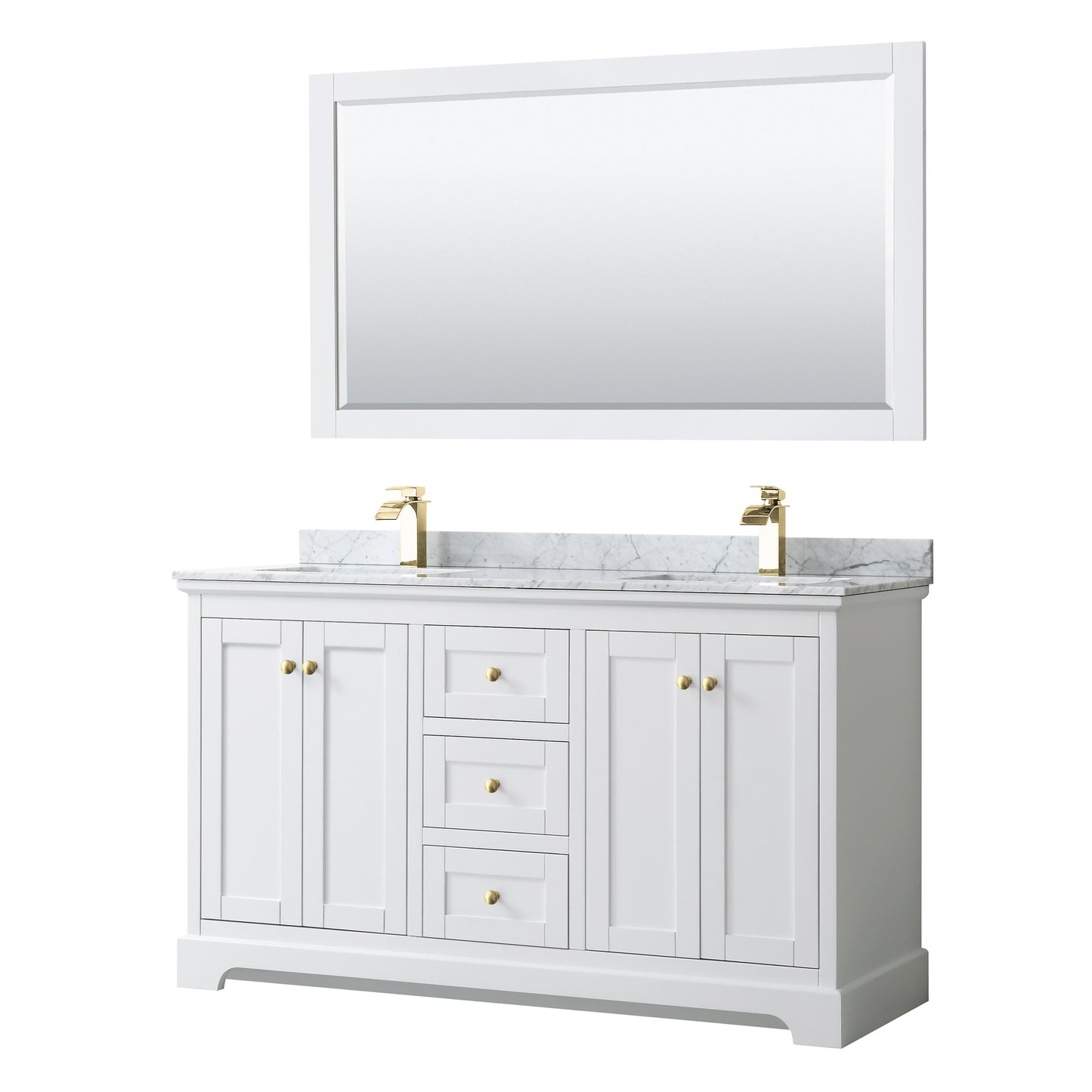 Avery 60" Double Vanity in White, Top, Square 58" Mirror, Brushed Gold Trim