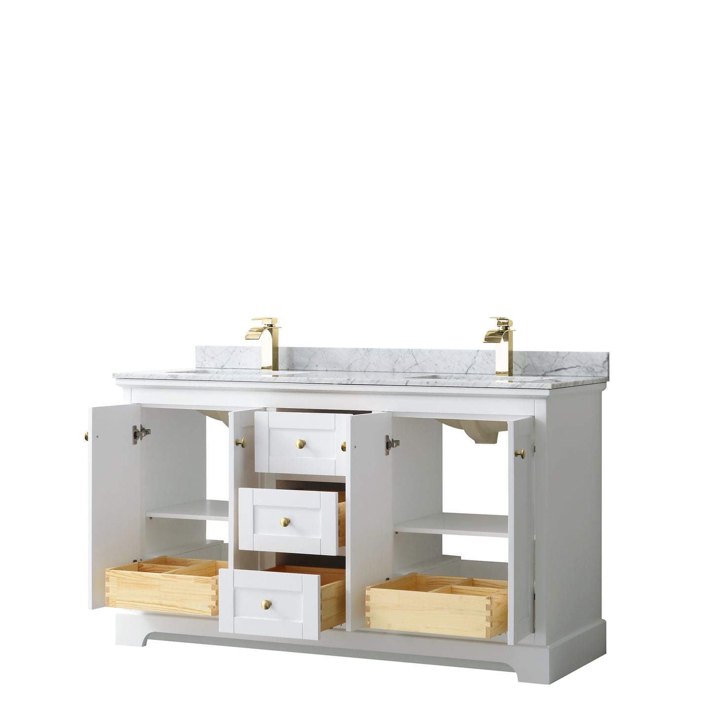 Avery 60" Double Vanity in White, Top, Square Sinks, Brushed Gold Trim