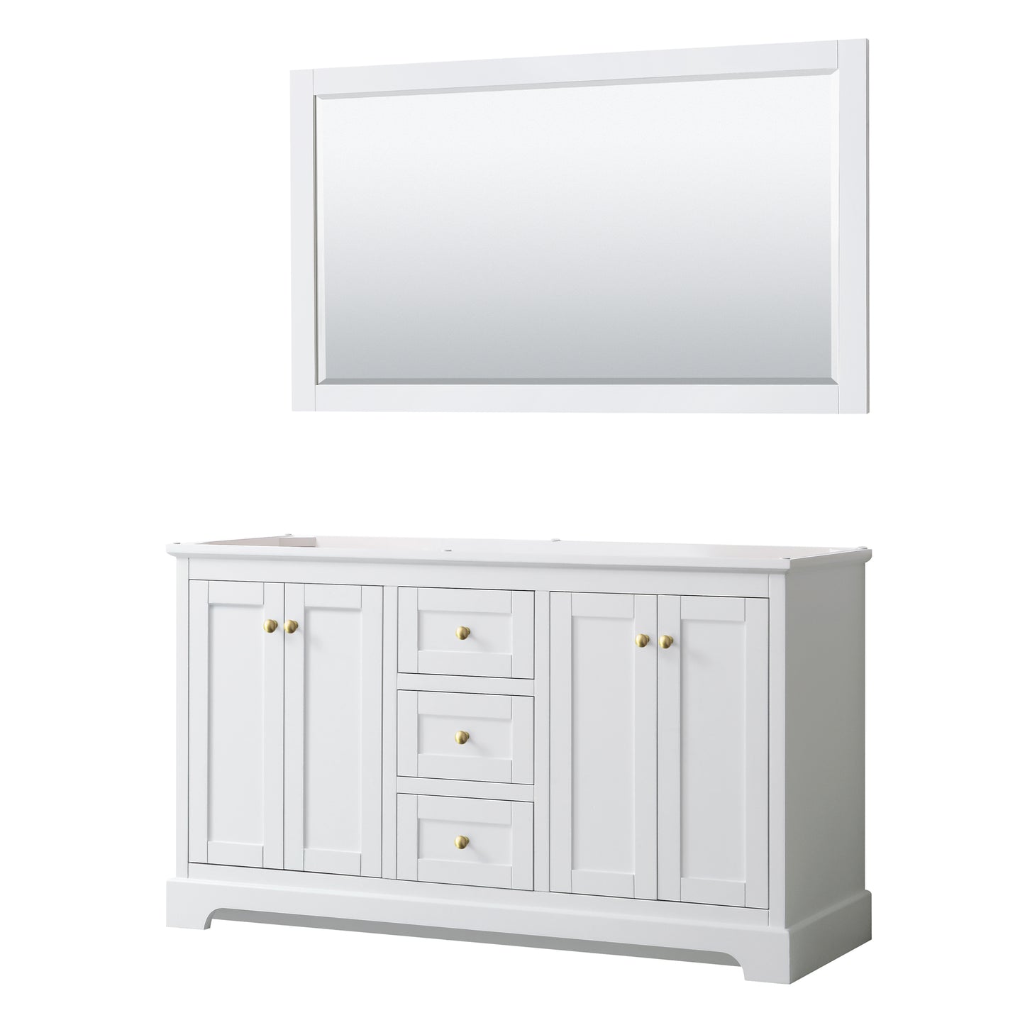 Avery 60" Double Vanity in White, No Top, No 58" Mirror, Brushed Gold Trim