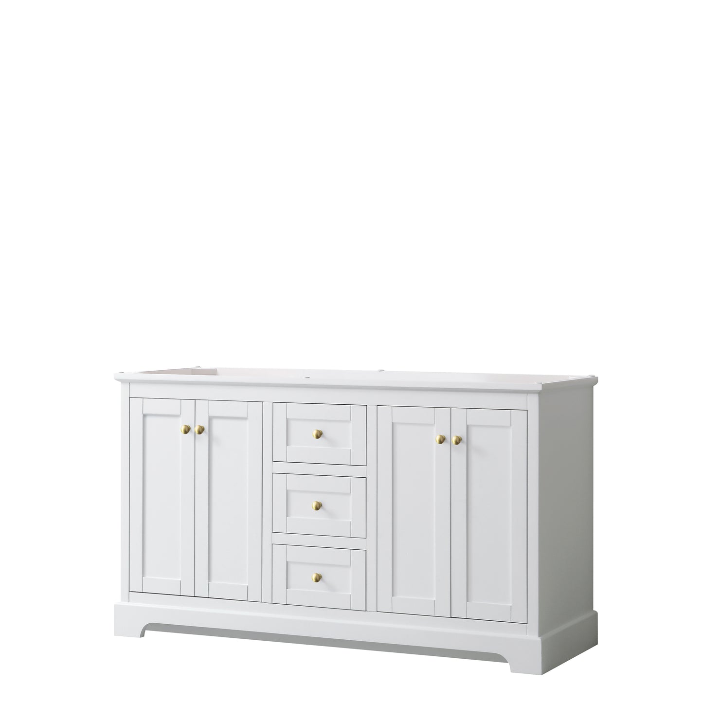 Avery 60" Double Vanity in White, No Top, No Sinks, Brushed Gold Trim
