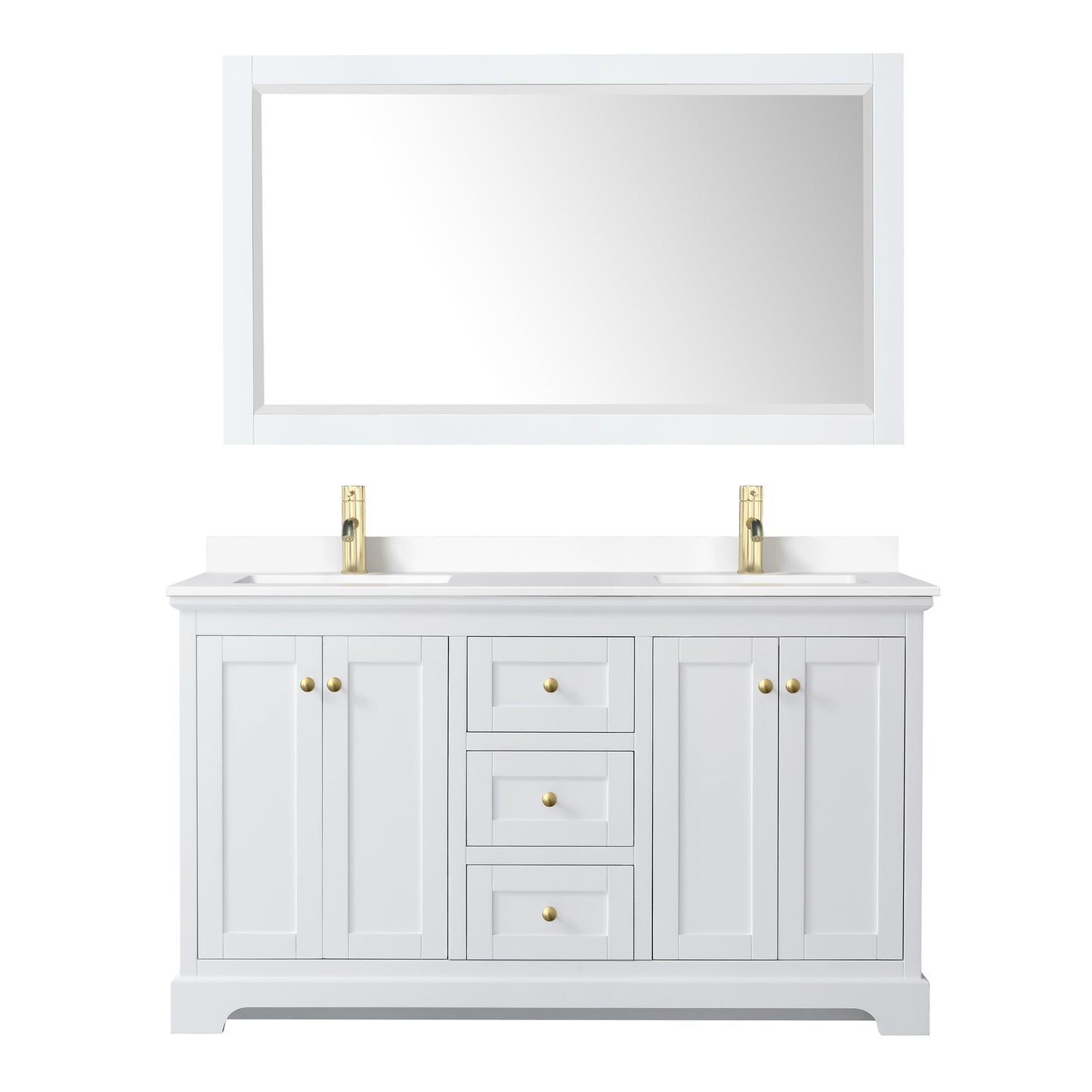 Avery 60" White Double Vanity, White Marble Top, 58" Mirror, Brushed Gold Trim