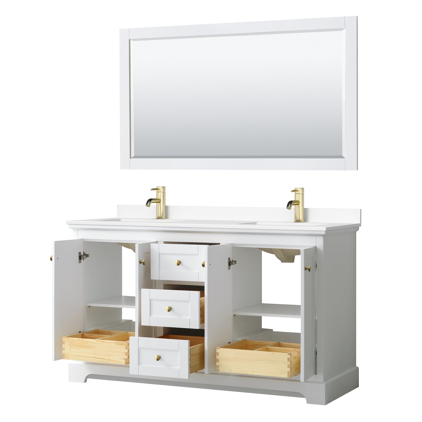 Avery 60" White Double Vanity, White Marble Top, 58" Mirror, Brushed Gold Trim