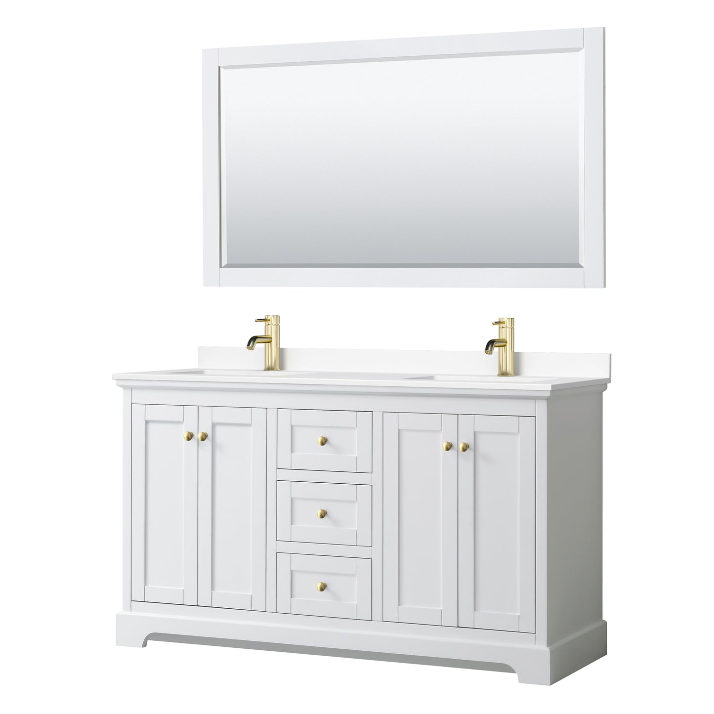 Avery 60" White Double Vanity, White Marble Top, 58" Mirror, Brushed Gold Trim