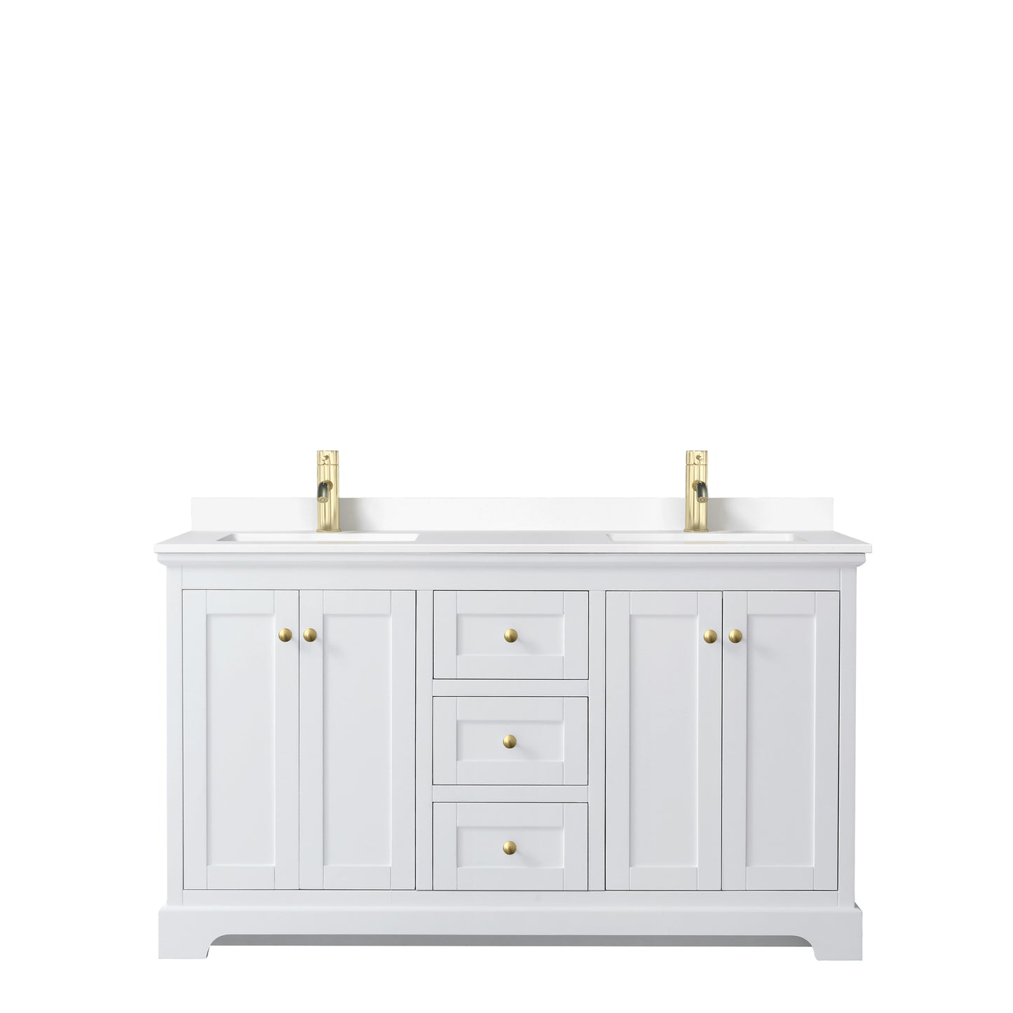 Avery 60" Double Vanity in White, White Cultured Marble Top, Gold Trim