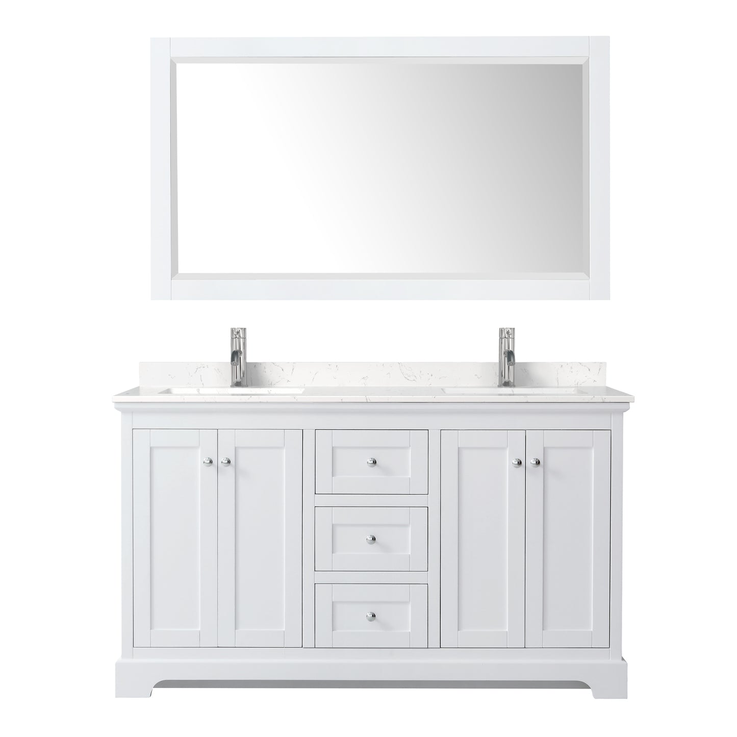 Avery 60" Double Vanity in White, Carrara Cultured Marble Top, Sinks, 58" Mirror