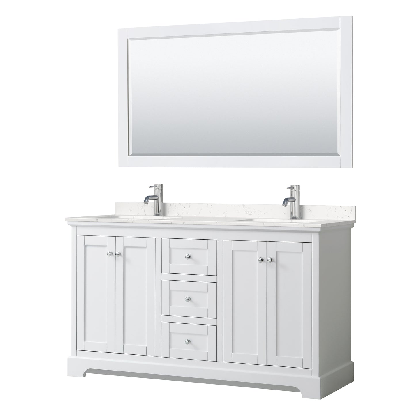 Avery 60" Double Vanity in White, Carrara Cultured Marble Top, Sinks, 58" Mirror