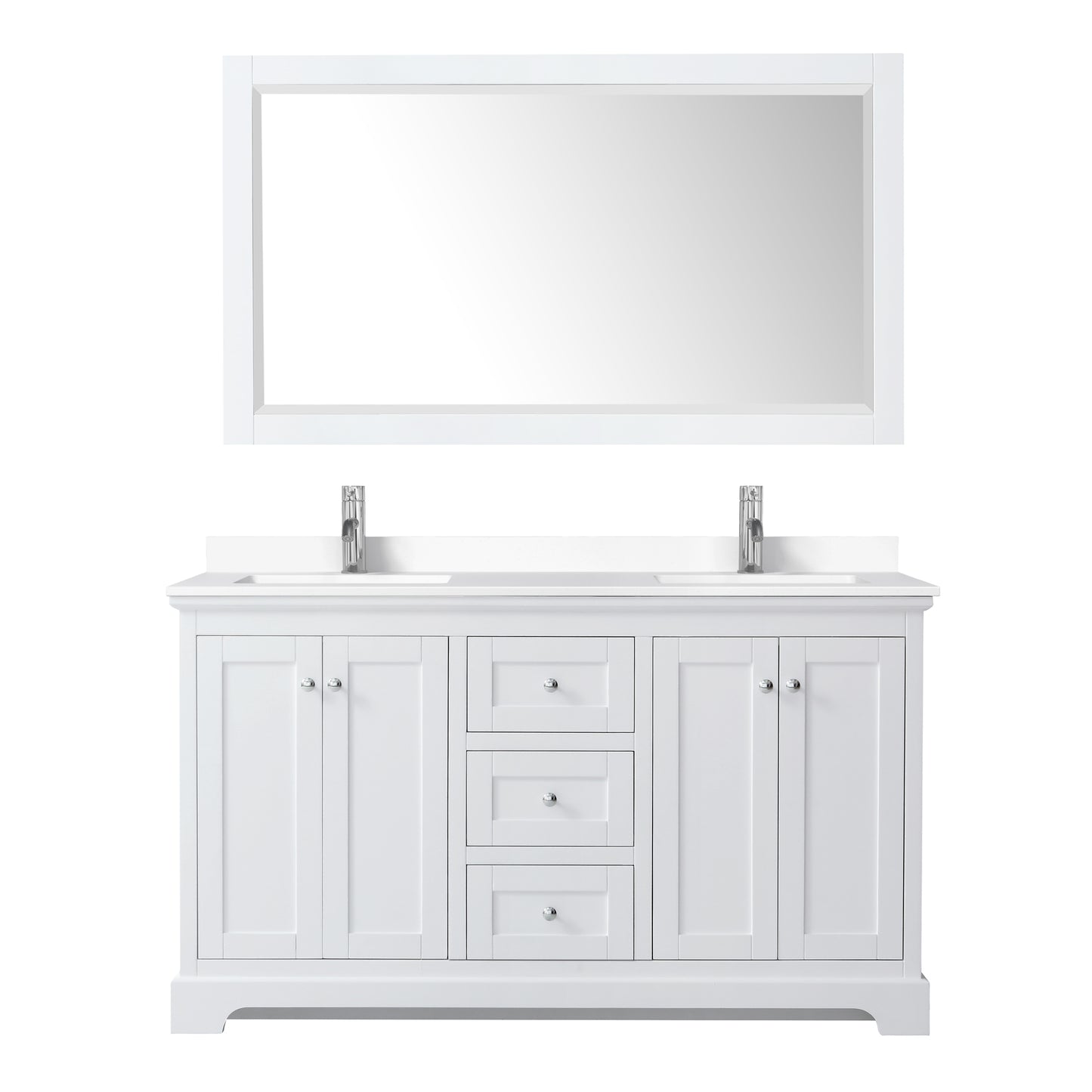 Avery 60" Double Vanity in White, White Cultured Marble Top, Sinks, 58" Mirror