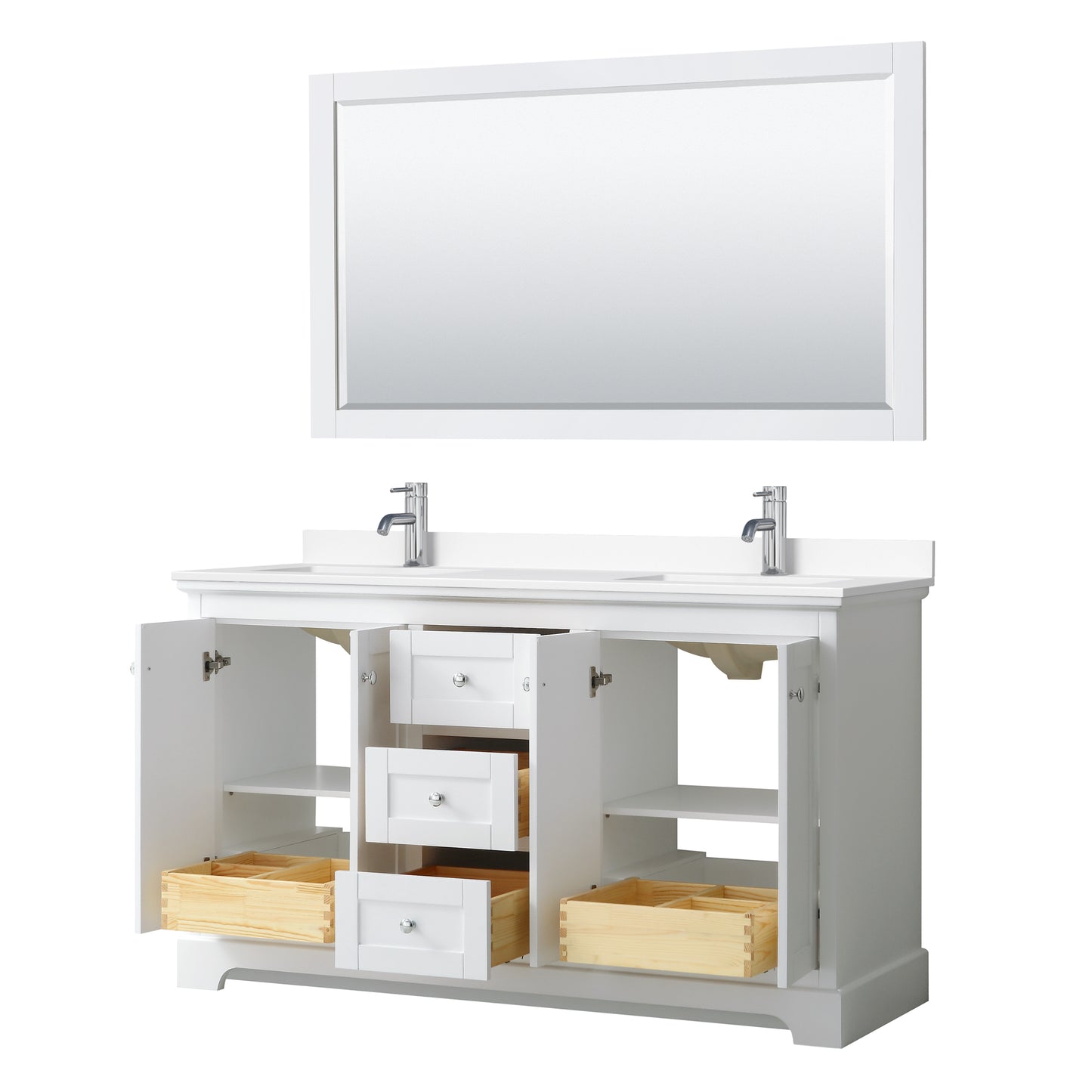 Avery 60" Double Vanity in White, White Cultured Marble Top, Sinks, 58" Mirror