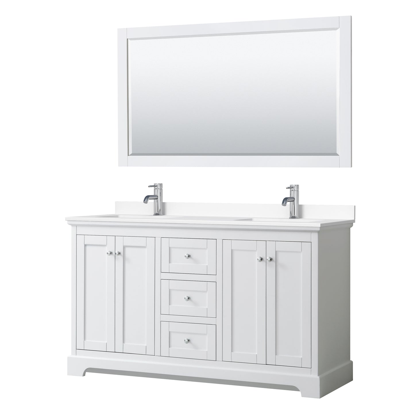 Avery 60" Double Vanity in White, White Cultured Marble Top, Sinks, 58" Mirror