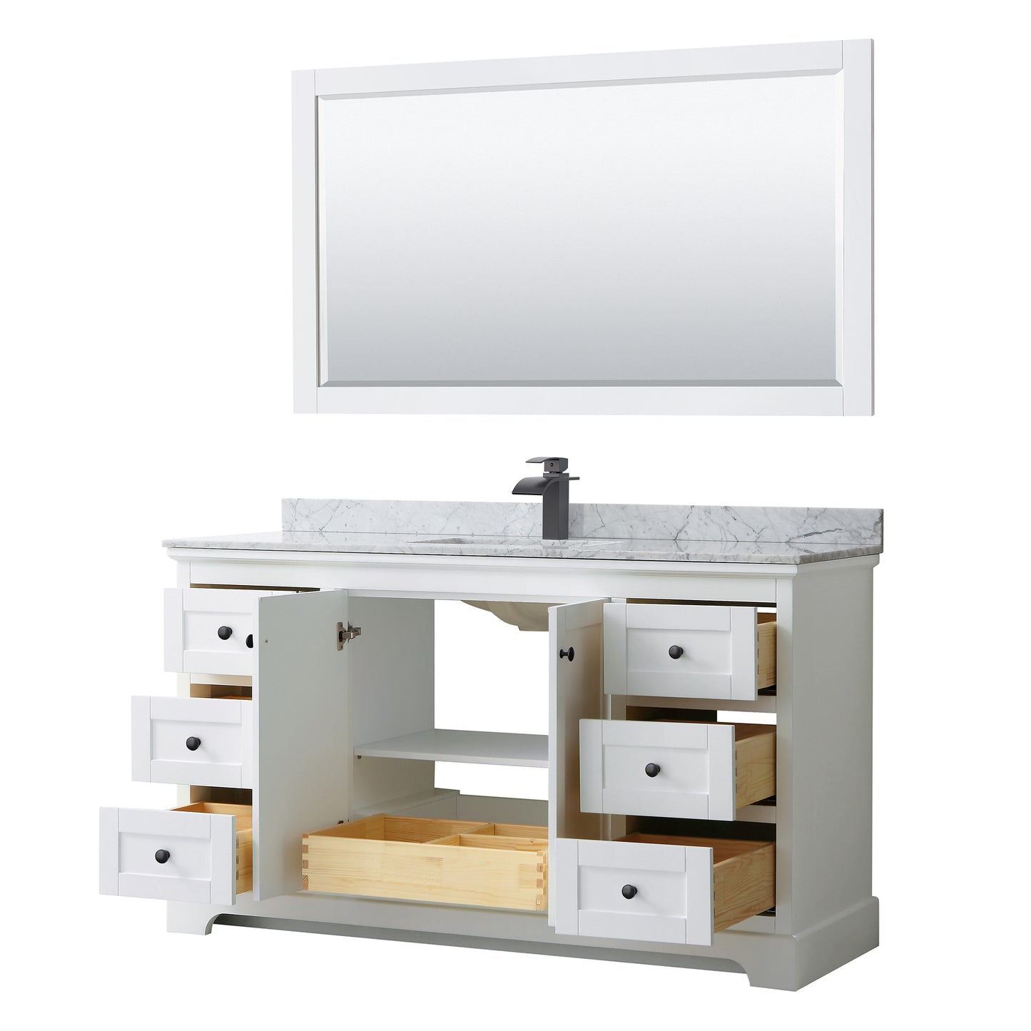 Avery 60" Single Vanity in White, Top, Square Sink, Matte Black Trim, 58" Mirror