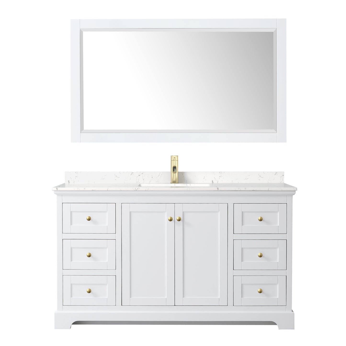 Avery 60" White Single Vanity, Carrara Marble Top, 58" Mirror, Brushed Gold Trim
