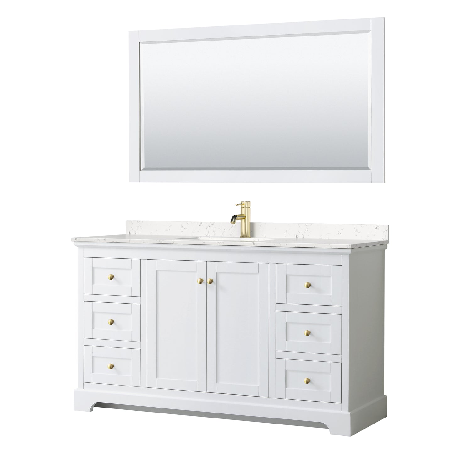 Avery 60" White Single Vanity, Carrara Marble Top, 58" Mirror, Brushed Gold Trim