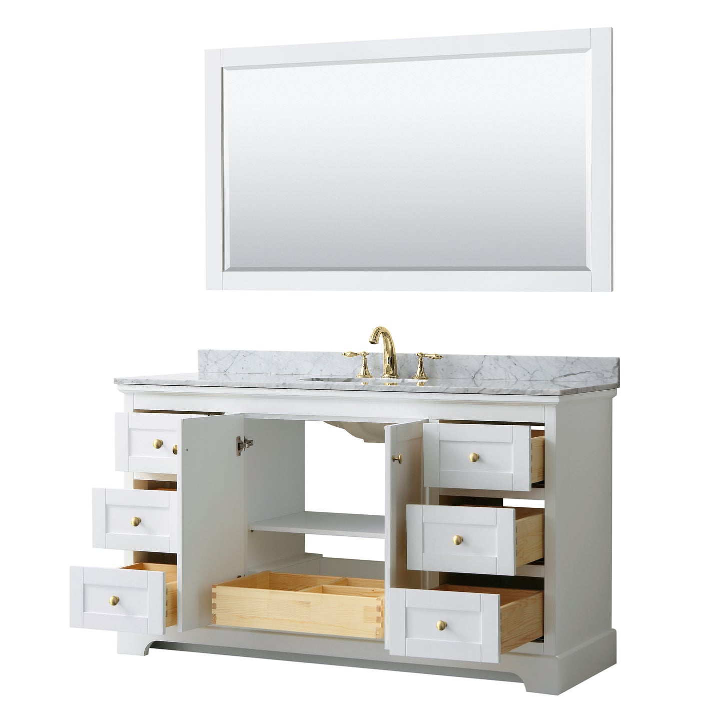 Avery 60" Single Vanity in White, Top, Oval Sink, 58" Mirror, Brushed Gold Trim