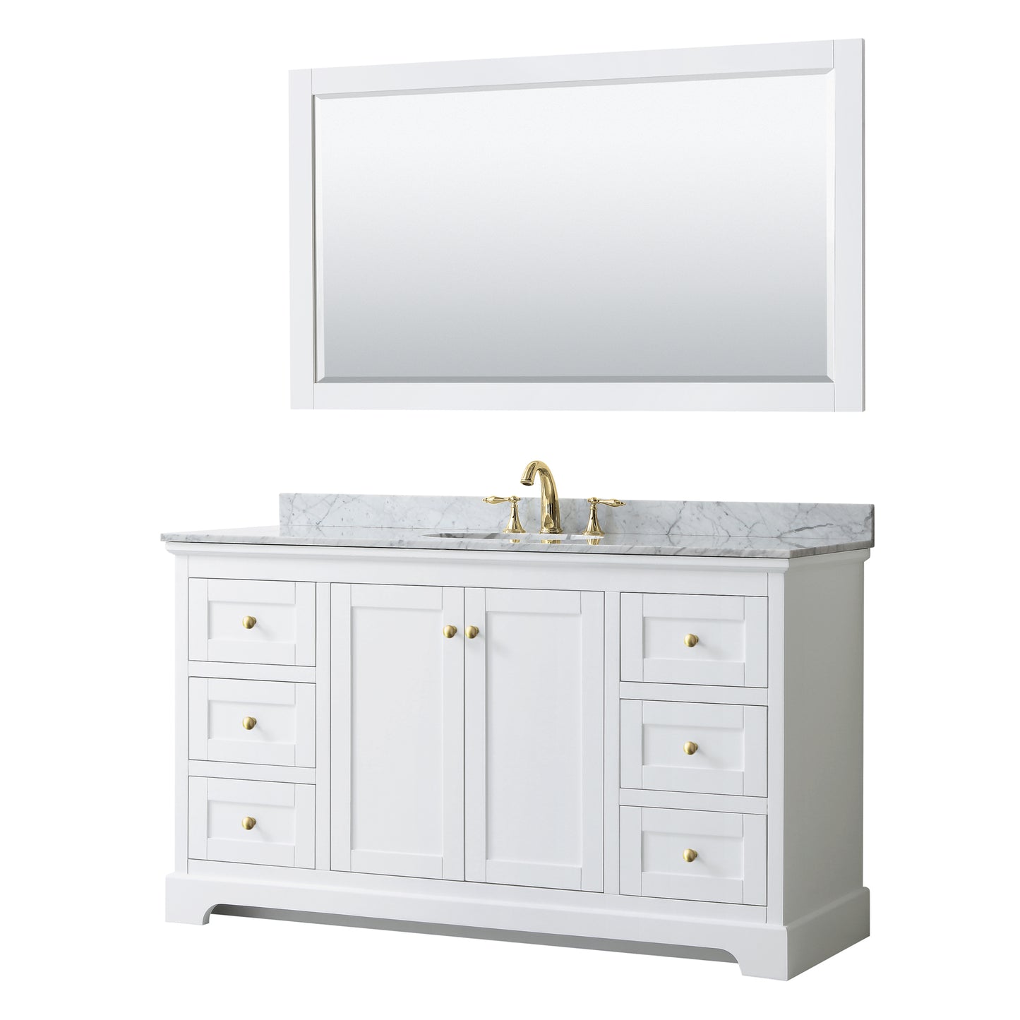Avery 60" Single Vanity in White, Top, Oval Sink, 58" Mirror, Brushed Gold Trim