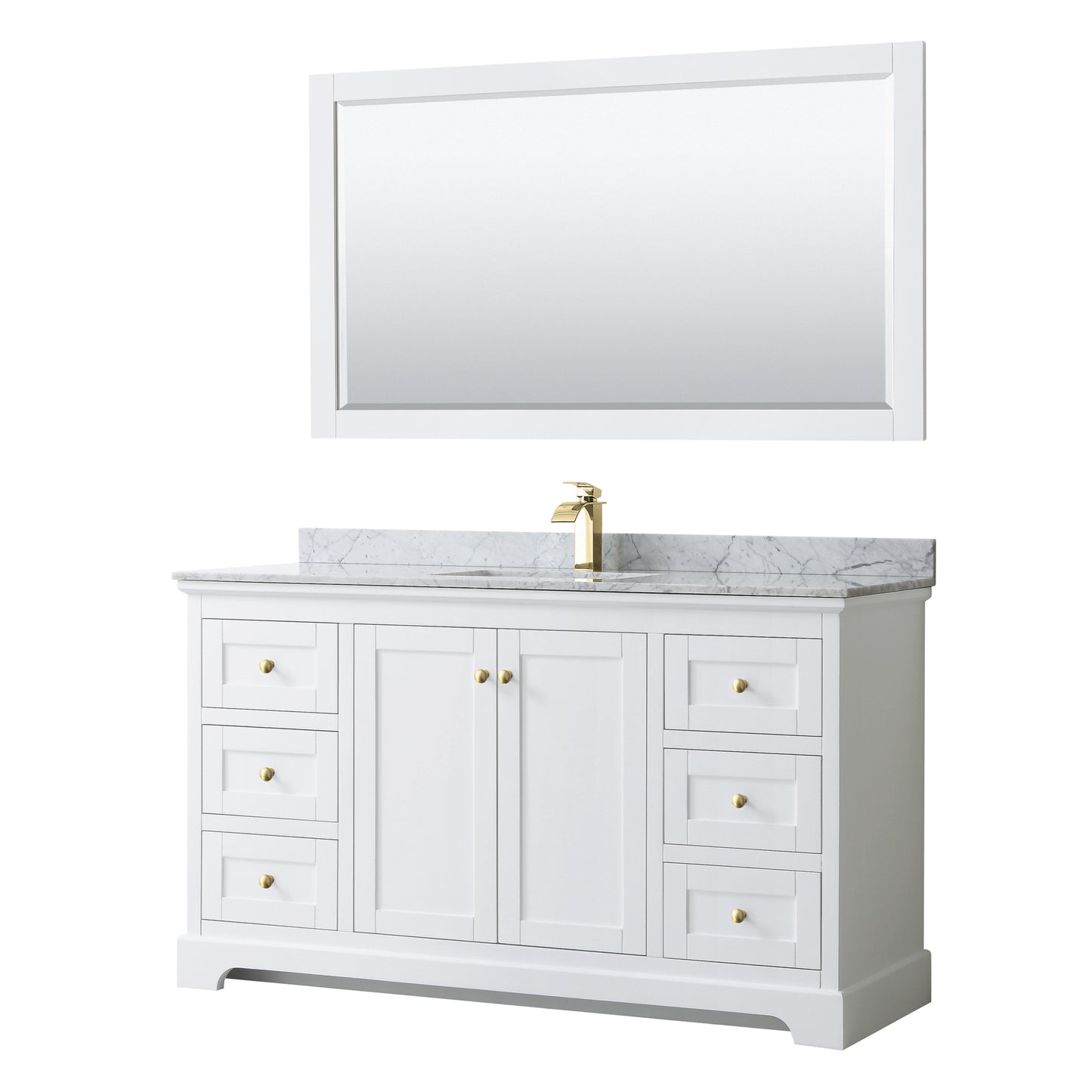 Avery 60" Single Vanity in White, Top, Square 58" Mirror, Brushed Gold Trim